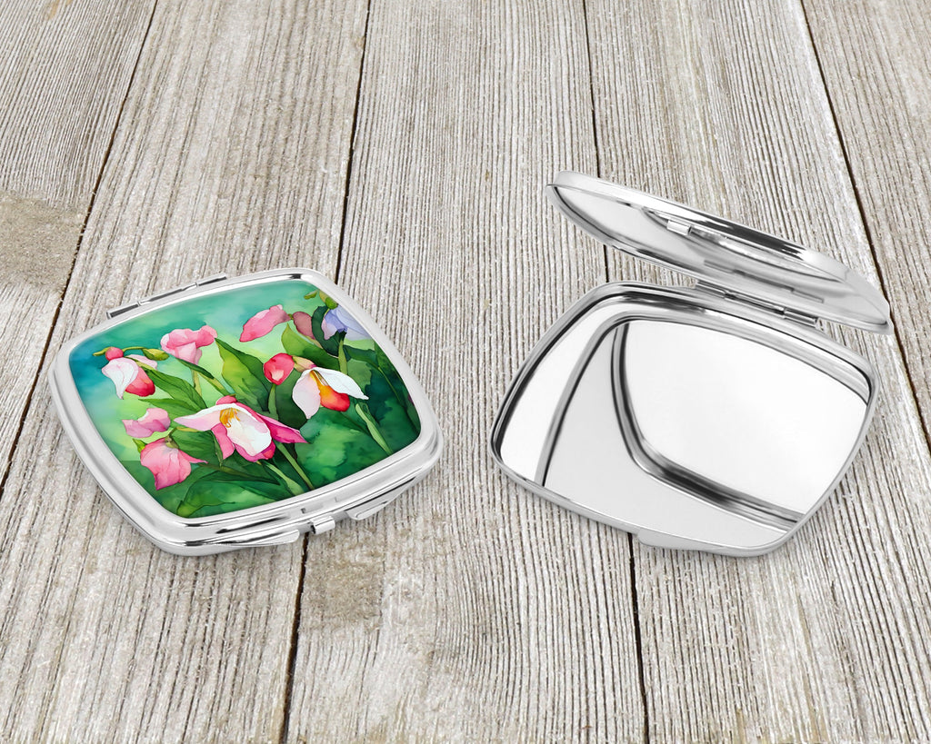 Minnesota Pink and White Lady’s Slippers in Watercolor Compact Mirror Decorative Travel Makeup Mirror for Women Girls Gifts Pocket Makeup Mirror Folding Handheld
