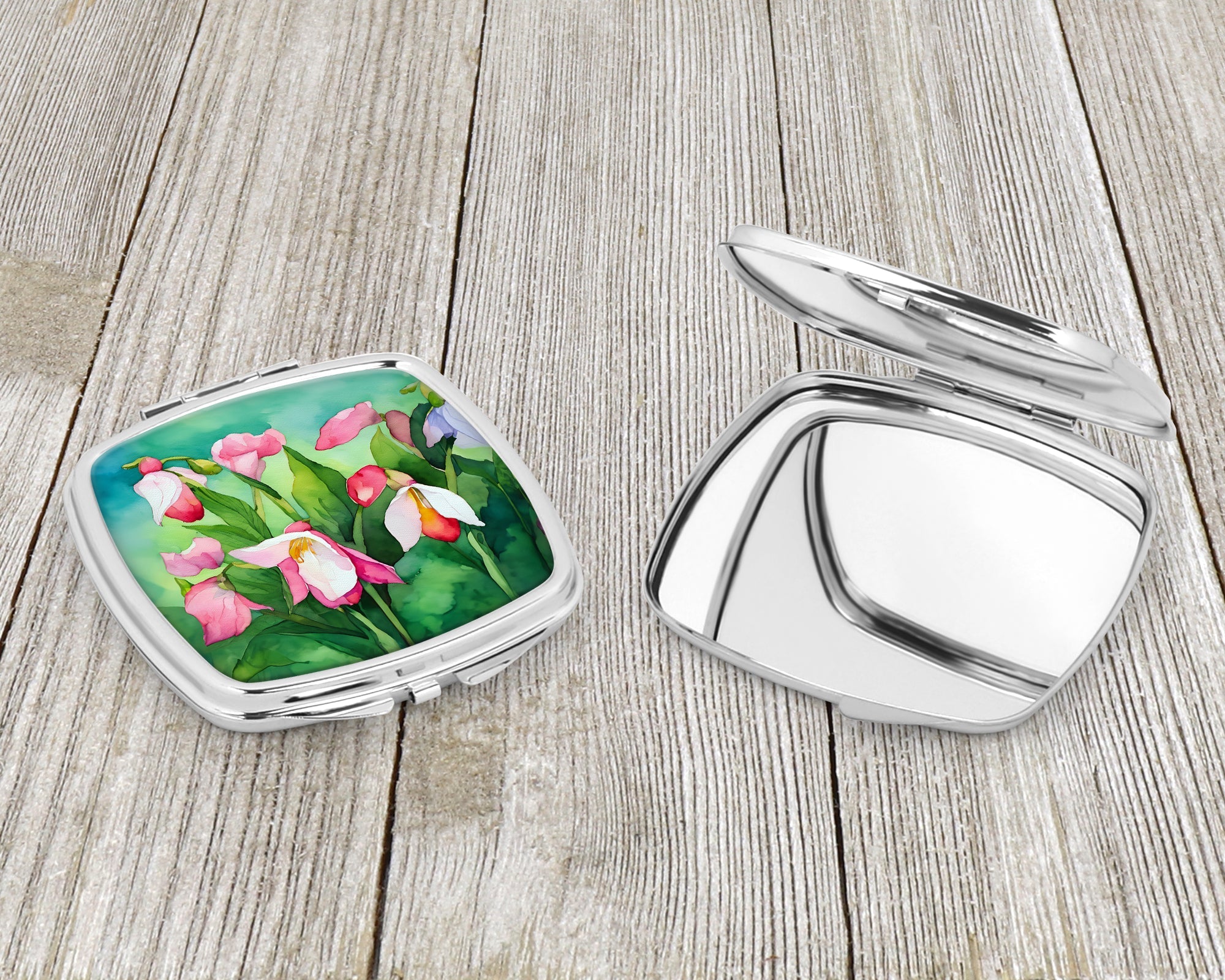 Minnesota Pink and White Lady’s Slippers in Watercolor Compact Mirror Decorative Travel Makeup Mirror for Women Girls Gifts Pocket Makeup Mirror Folding Handheld