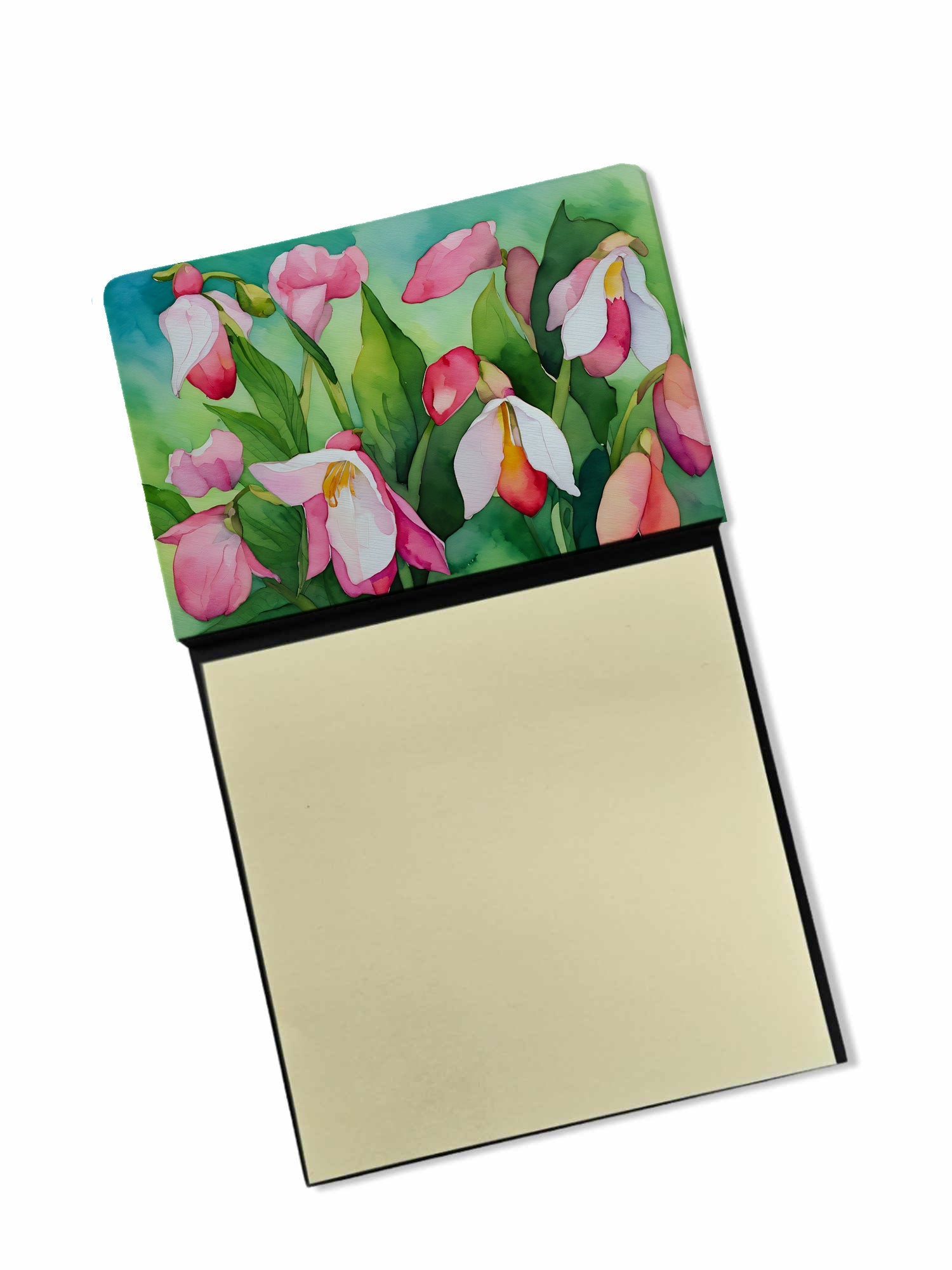 Minnesota Pink and White Lady’s Slippers in Watercolor Watercolor Sticky Note Holder Refillable Dispenser Desk Accessory 3x3 Pad Gift
