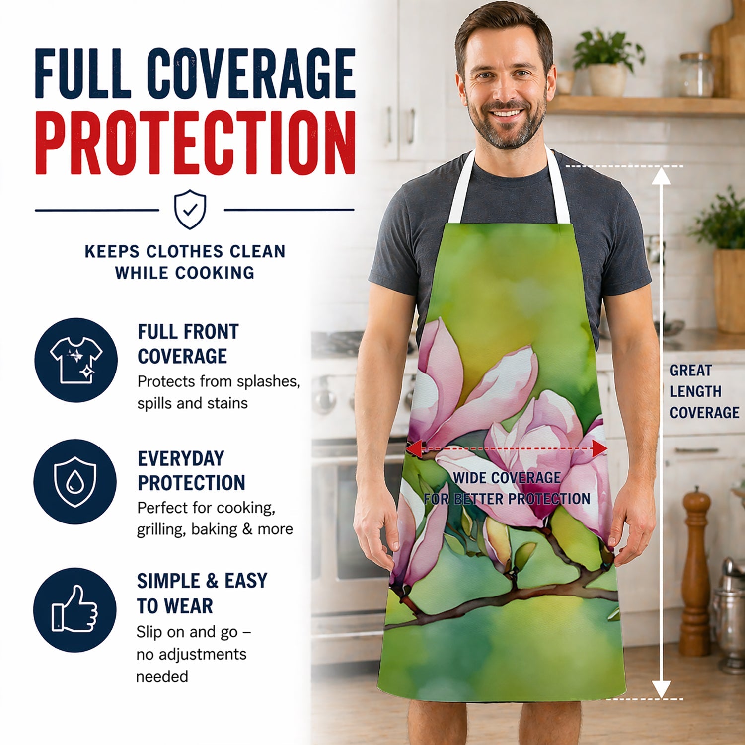 Mississippi Magnolia in Watercolor Apron Cooking Kitchen Server Baking Crafts Gardening for Adult Women Men, Unisex, Large, Multicolor