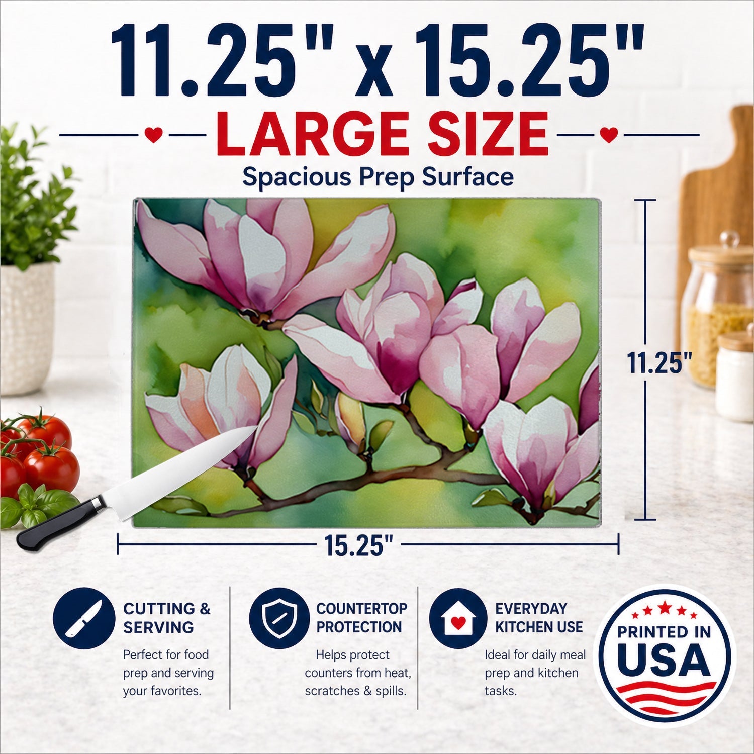 Mississippi Magnolia in Watercolor Cutting Board Tempered Glass Kitchen Surface, Heat Resistant Chopping with Non-Slip Feet,Food Prep & Serving