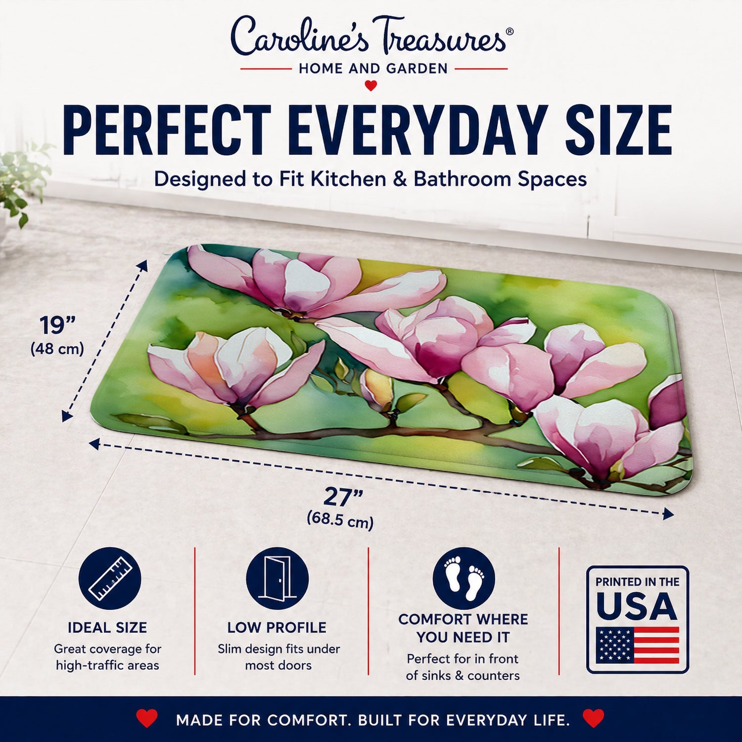 Mississippi Magnolia in Watercolor Memory Foam Kitchen Mat Machine Washable Anti-Fatigue Cushion Comfort Bath or Kitchen Rug