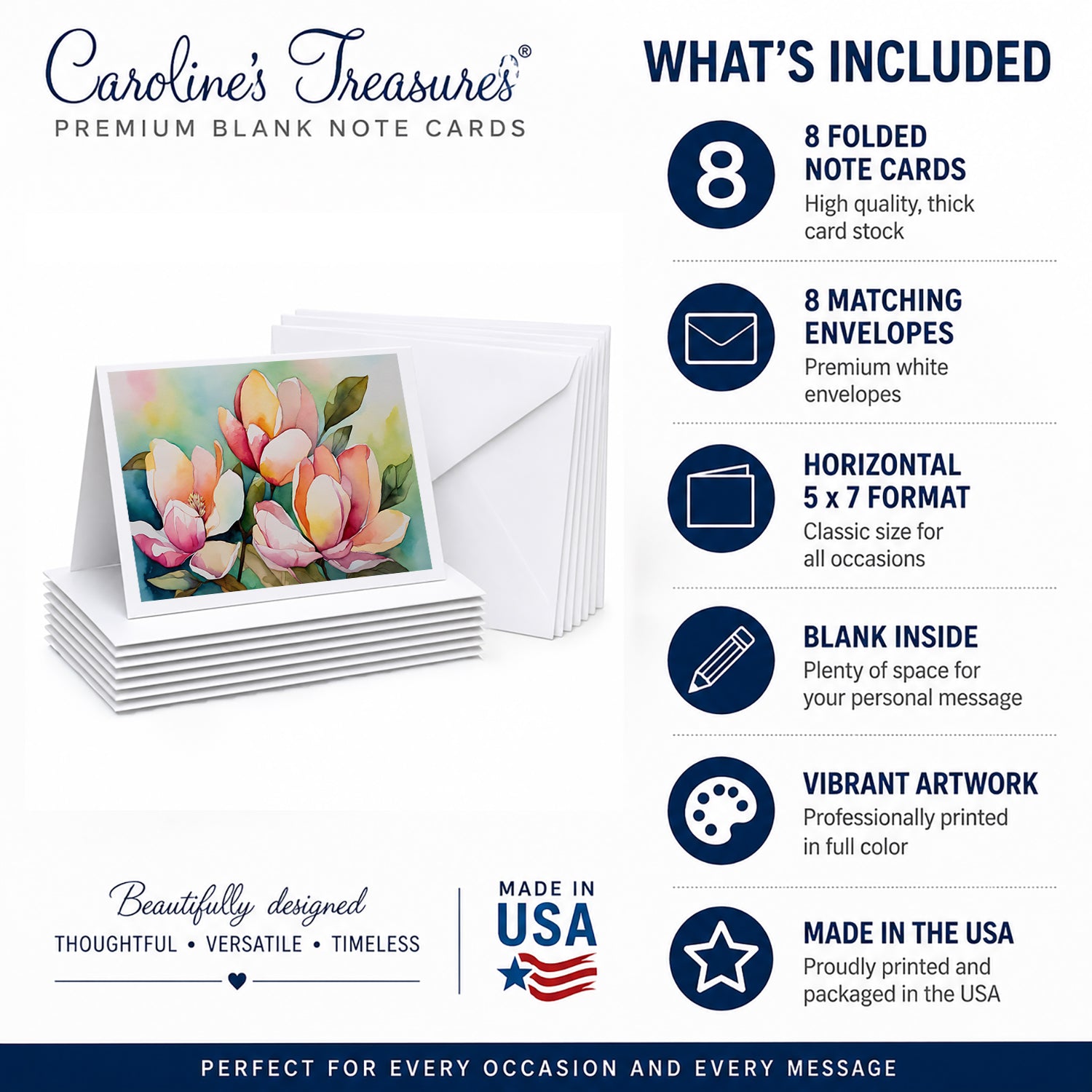 Mississippi Magnolia in Watercolor Greeting Cards Pack of 8 Blank Cards with Envelopes Whimsical A7 Size 5x7