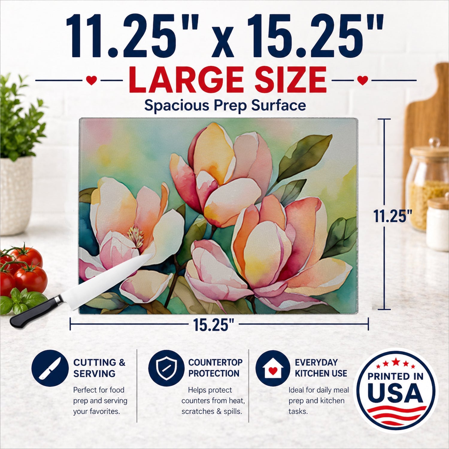 Mississippi Magnolia in Watercolor Cutting Board Tempered Glass Kitchen Surface, Heat Resistant Chopping with Non-Slip Feet,Food Prep & Serving