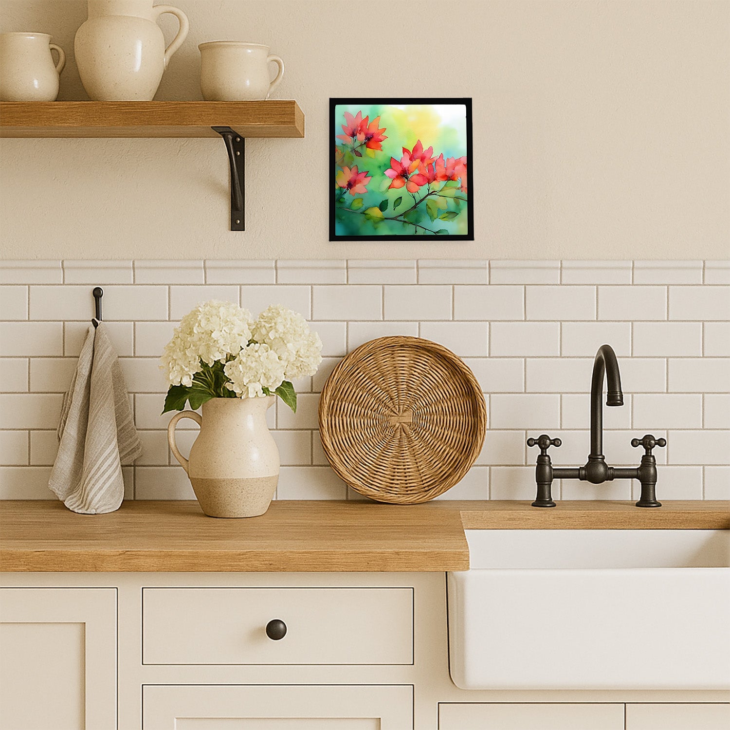Missouri Hawthorns in Watercolor Framed Metal Print Bathroom, Kitchen, Office, Home Decor Wall Art Ready to Hang, Square, 8X8