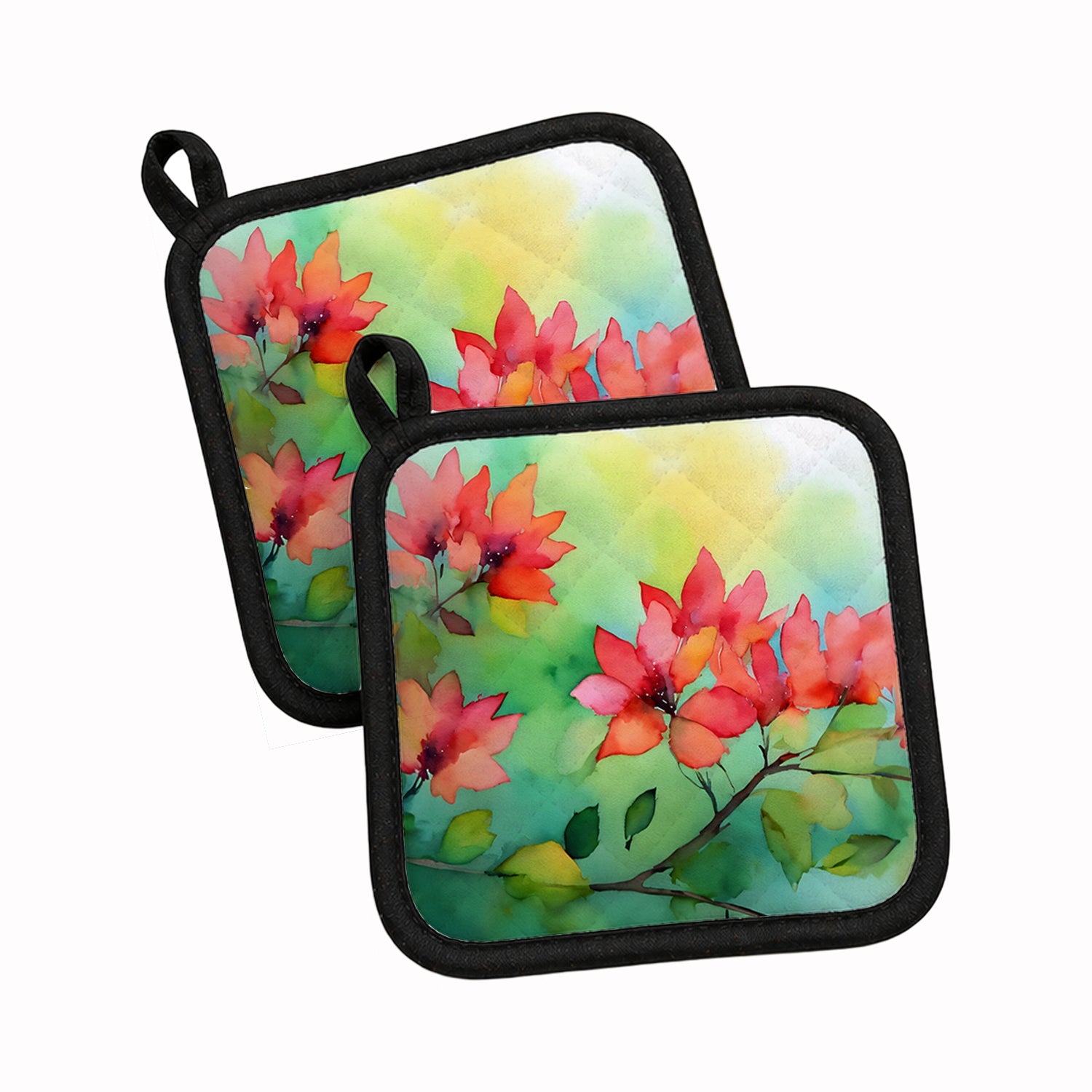 Missouri Hawthorns in Watercolor Pot Holder Set of 2 Heat Resistant Quilted Hot Pads 7.5 x 7.5 Inch, Insulated Kitchen Trivets for Cooking & Baking
