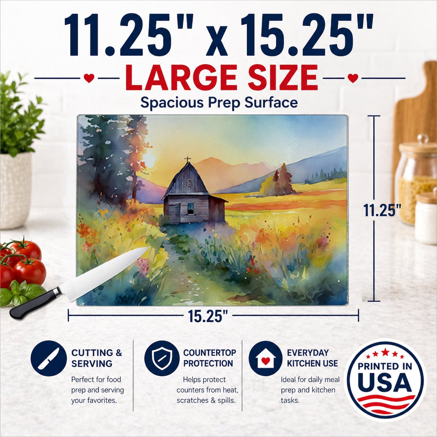 Montana Bitterroot in Watercolor Cutting Board Tempered Glass Kitchen Cutting Surface, Heat Resistant Chopping, Non-Slip Feet, Food Prep & Serving