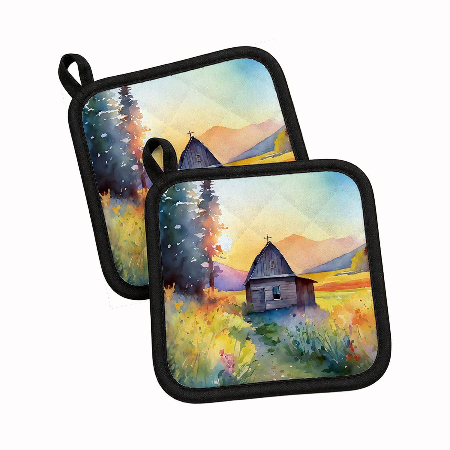 Montana Bitterroot in Watercolor Pot Holder Set of 2 Heat Resistant Quilted Hot Pads 7.5 x 7.5 Inch, Insulated Kitchen Trivets for Cooking & Baking