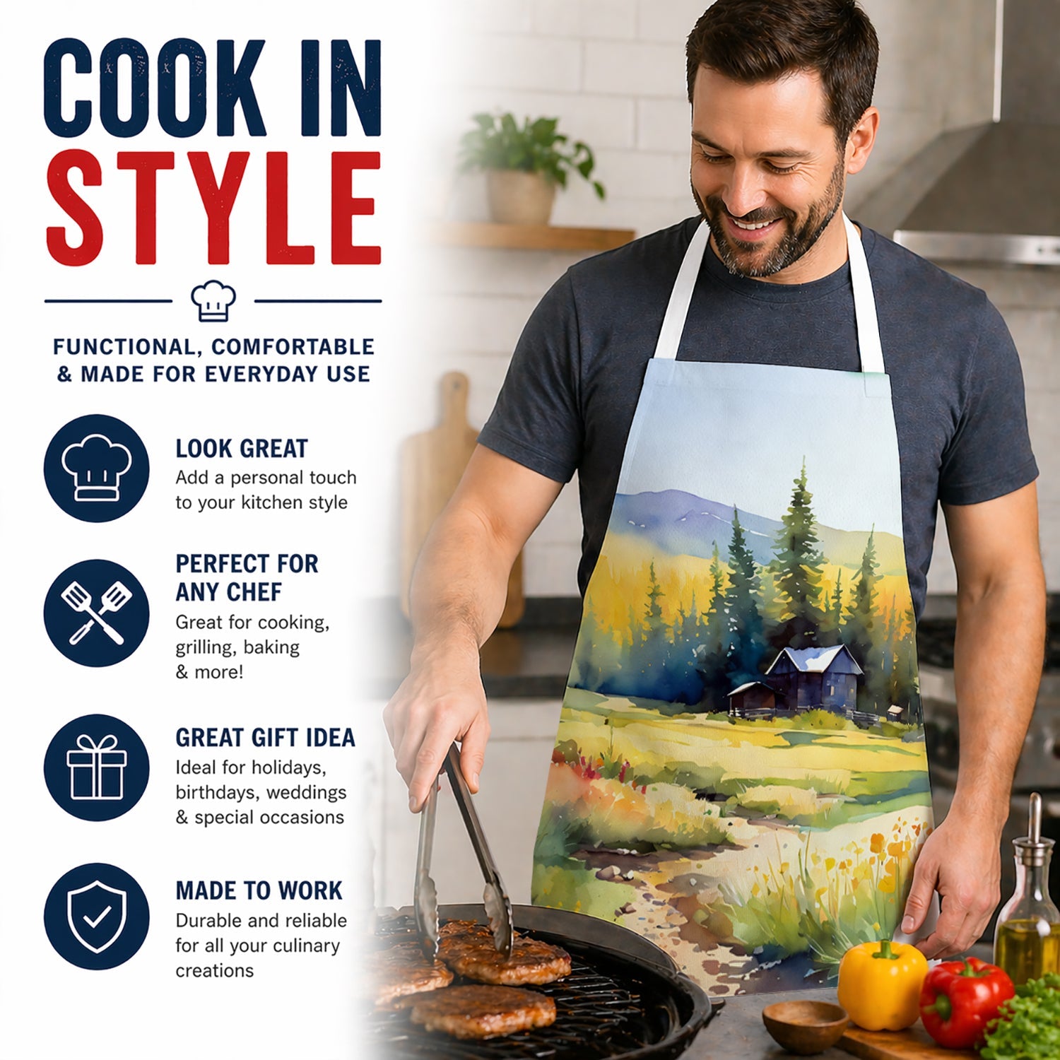 Montana Bitterroot in Watercolor Apron Cooking Kitchen Server Baking Crafts Gardening for Adult Women Men, Unisex, Large, Multicolor