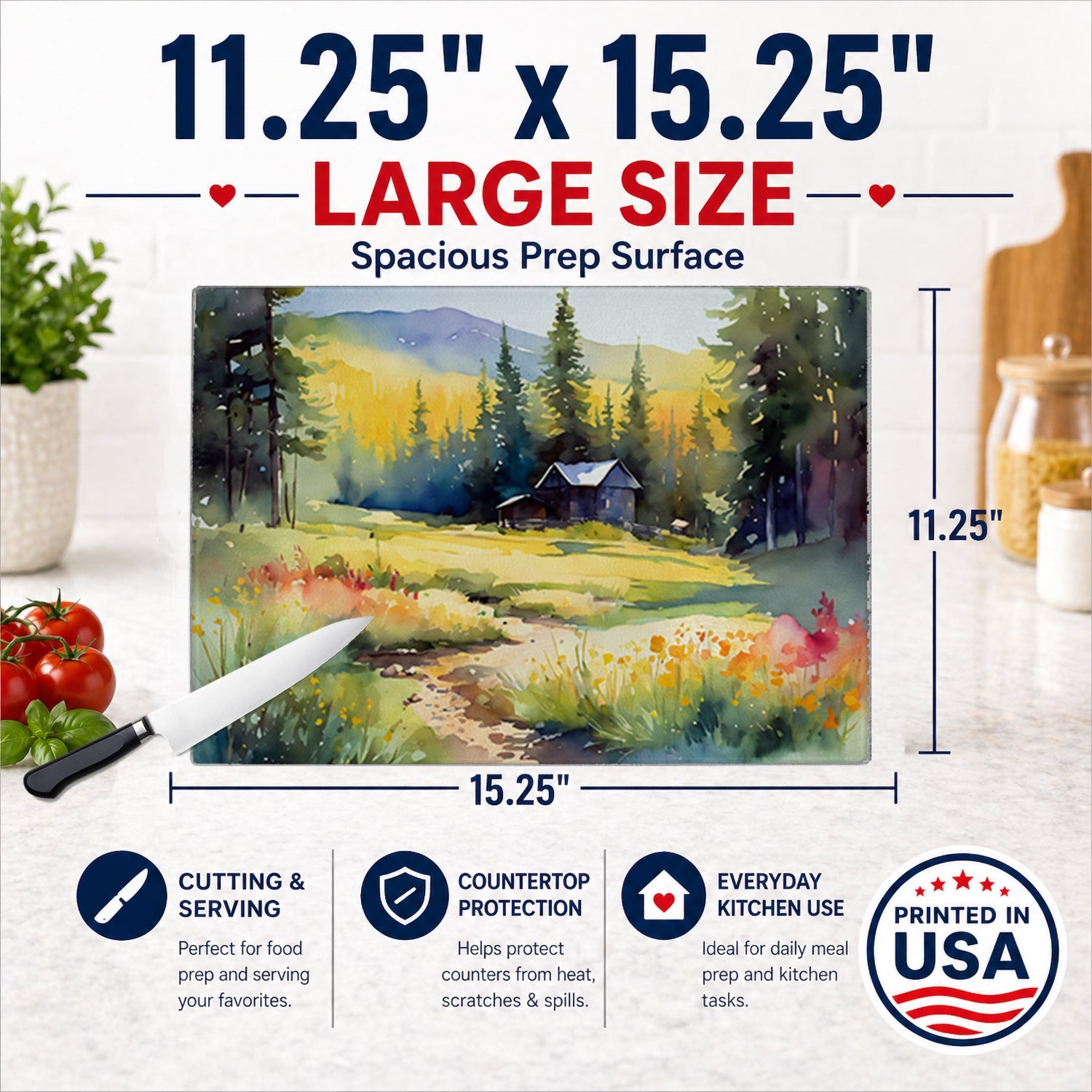 Montana Bitterroot in Watercolor Cutting Board Tempered Glass Kitchen Cutting Surface, Heat Resistant Chopping, Non-Slip Feet, Food Prep & Serving