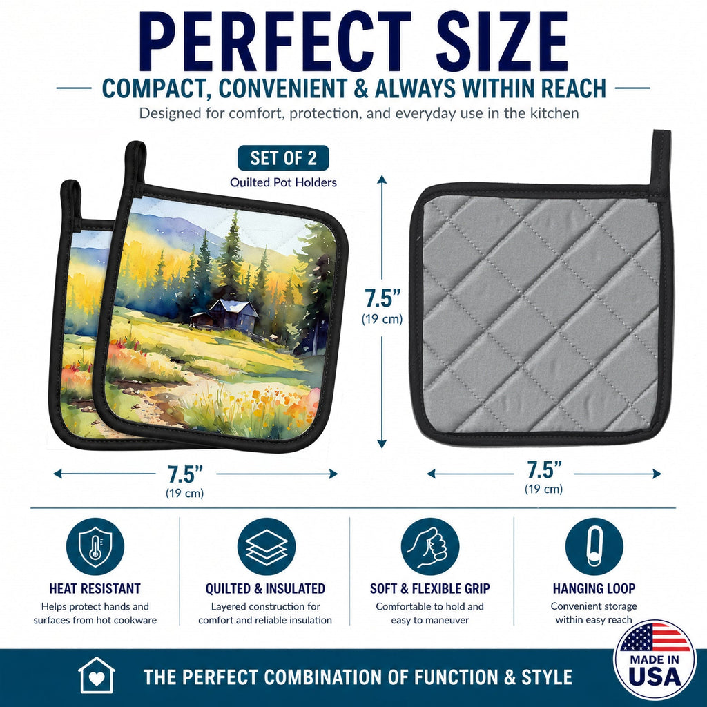 Montana Bitterroot in Watercolor Pot Holder Set of 2 Heat Resistant Quilted Hot Pads 7.5 x 7.5 Inch, Insulated Kitchen Trivets for Cooking & Baking