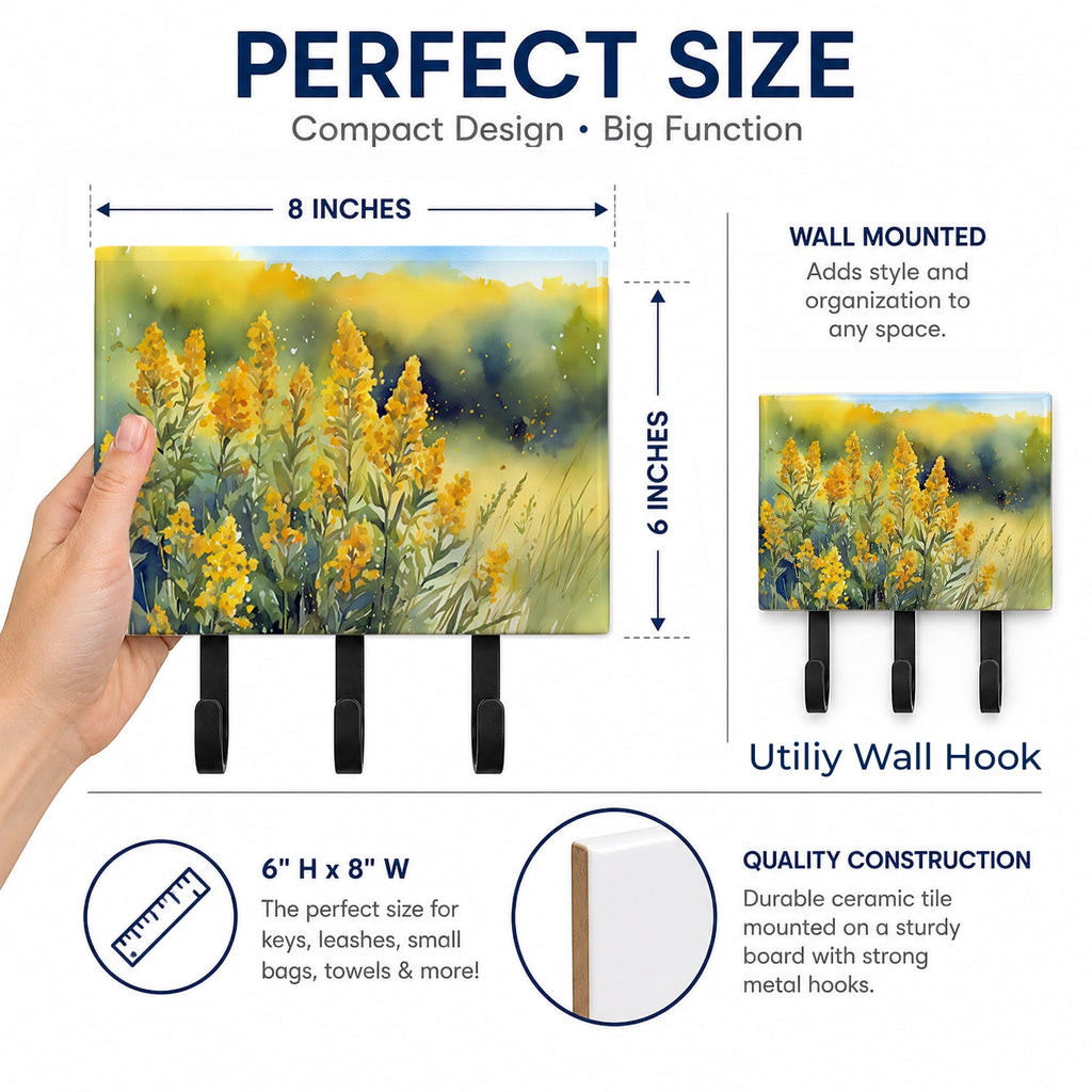 Nebraska Goldenrod in Watercolor Leash or Key Holder Wall Hooks, Coat Rack Wall Mount, for Hanging Keys, Towels, Aprons, Leashes