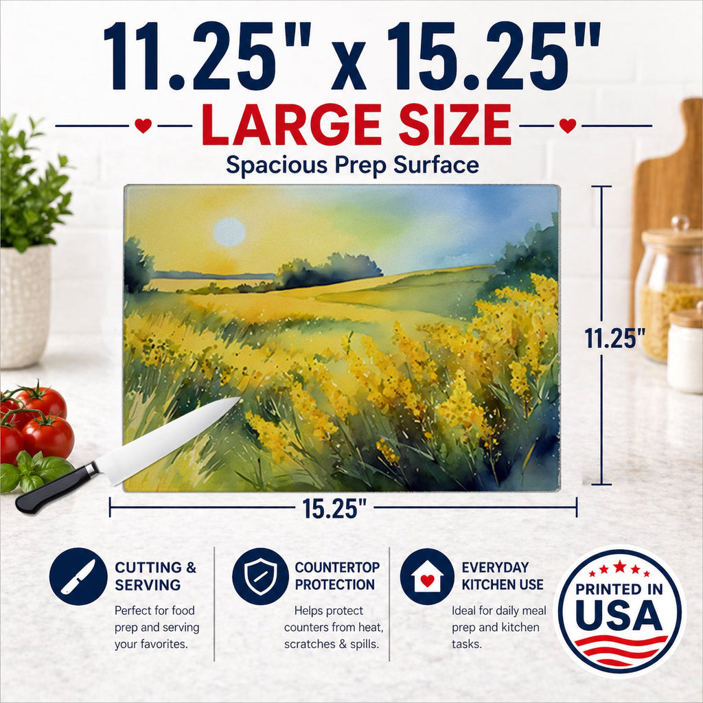 Nebraska Goldenrod in Watercolor Cutting Board Tempered Glass Kitchen Cutting Surface, Heat Resistant Chopping, Non-Slip Feet, Food Prep & Serving