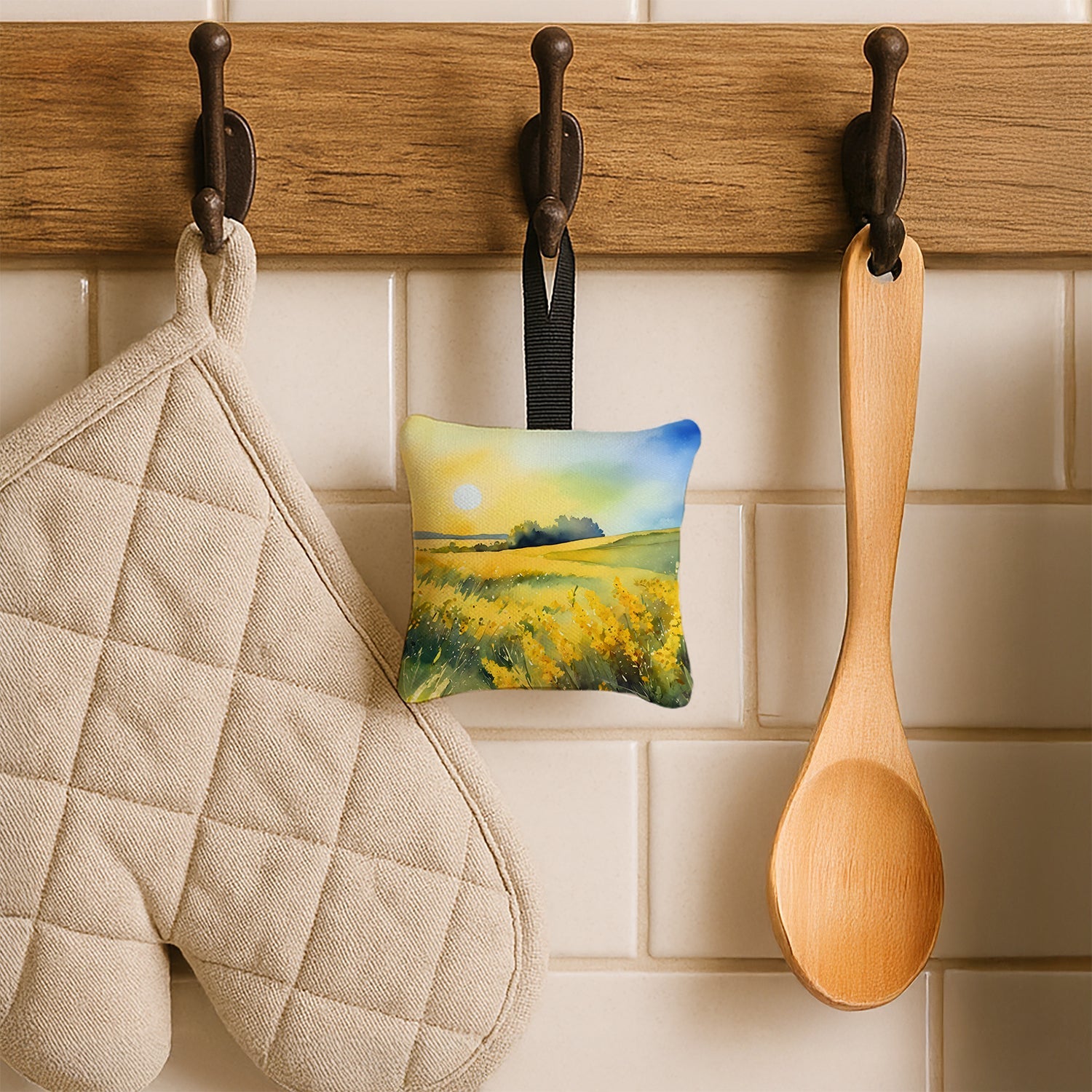 Nebraska Goldenrod in Watercolor Hanging Square Fabric Ornament 3.5 × 3.5 Decorative Door-Knob & Tree Hanger, Soft Fabric
