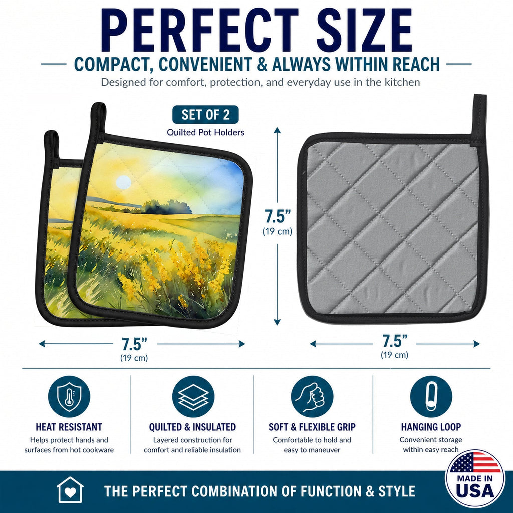Nebraska Goldenrod in Watercolor Pot Holder Set of 2 Heat Resistant Quilted Hot Pads 7.5 x 7.5 Inch, Insulated Kitchen Trivets for Cooking & Baking