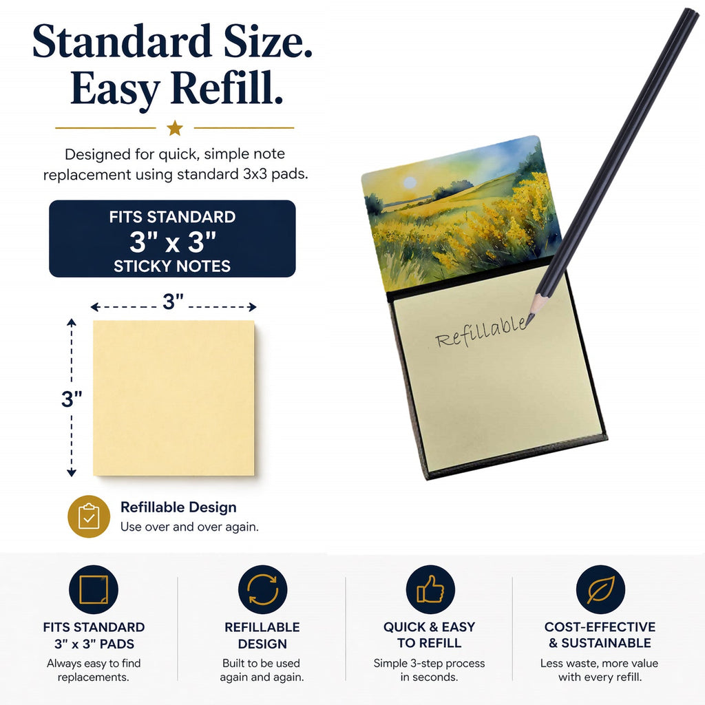 Nebraska Goldenrod in Watercolor Watercolor Sticky Note Holder Refillable Dispenser Desk Accessory 3x3 Pad Gift