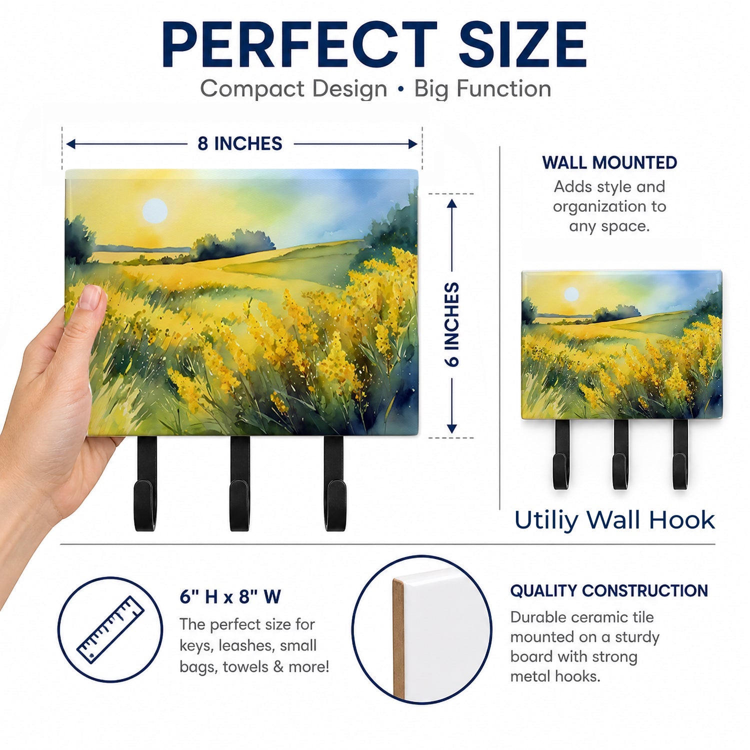 Nebraska Goldenrod in Watercolor Leash or Key Holder Wall Hooks, Coat Rack Wall Mount, for Hanging Keys, Towels, Aprons, Leashes
