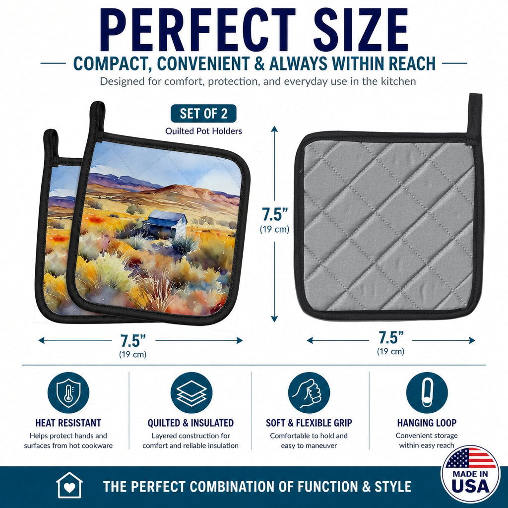 Nevada Sagebrush in Watercolor Pot Holder Set of 2 Heat Resistant Quilted Hot Pads 7.5 x 7.5 Inch, Insulated Kitchen Trivets for Cooking & Baking