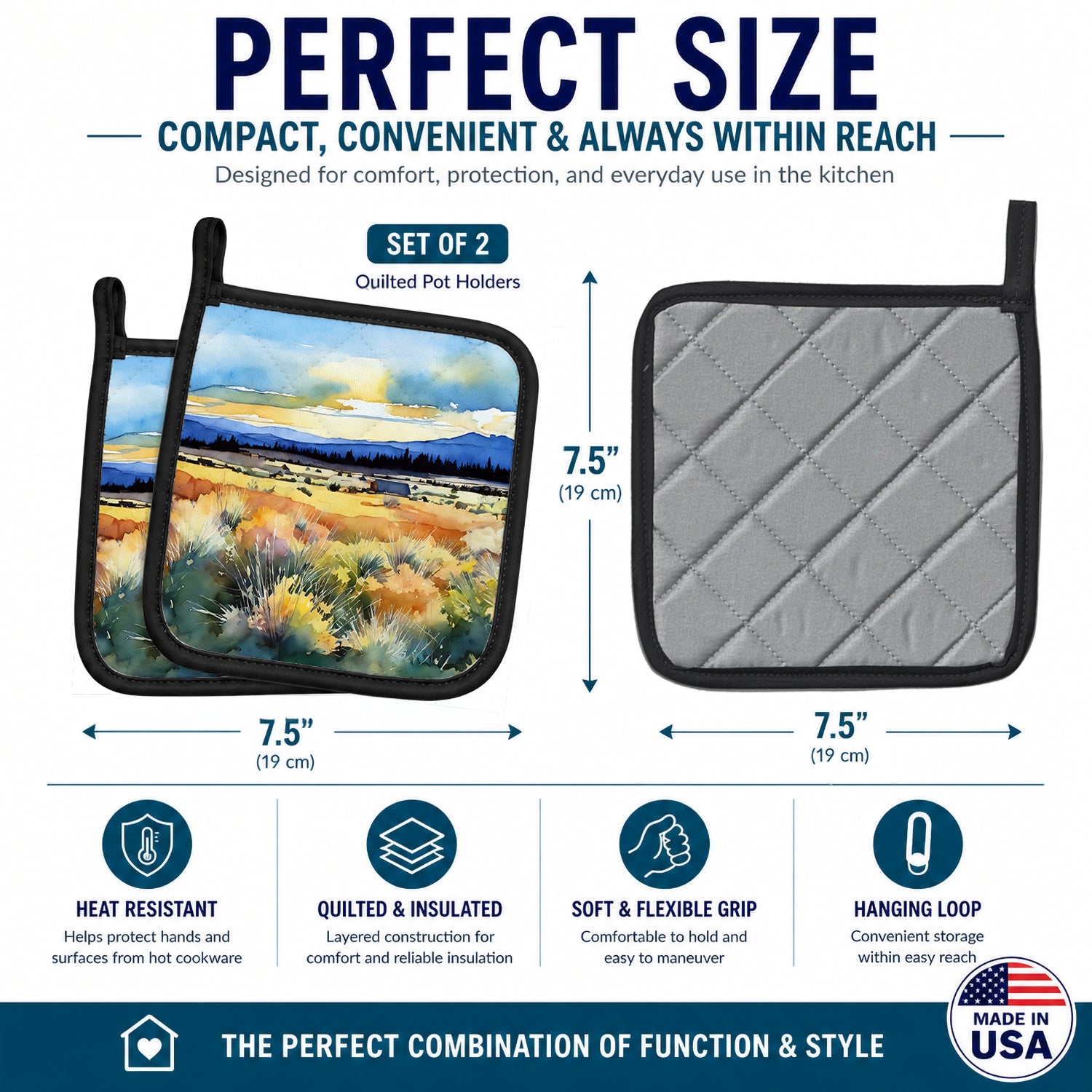 Nevada Sagebrush in Watercolor Pot Holder Set of 2 Heat Resistant Quilted Hot Pads 7.5 x 7.5 Inch, Insulated Kitchen Trivets for Cooking & Baking