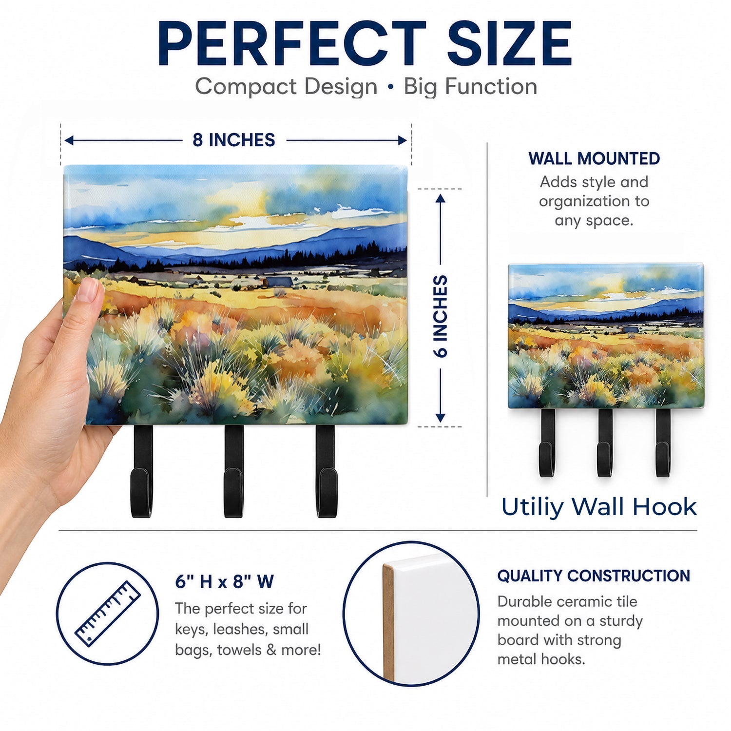 Nevada Sagebrush in Watercolor Leash or Key Holder Wall Hooks, Coat Rack Wall Mount, for Hanging Keys, Towels, Aprons, Leashes