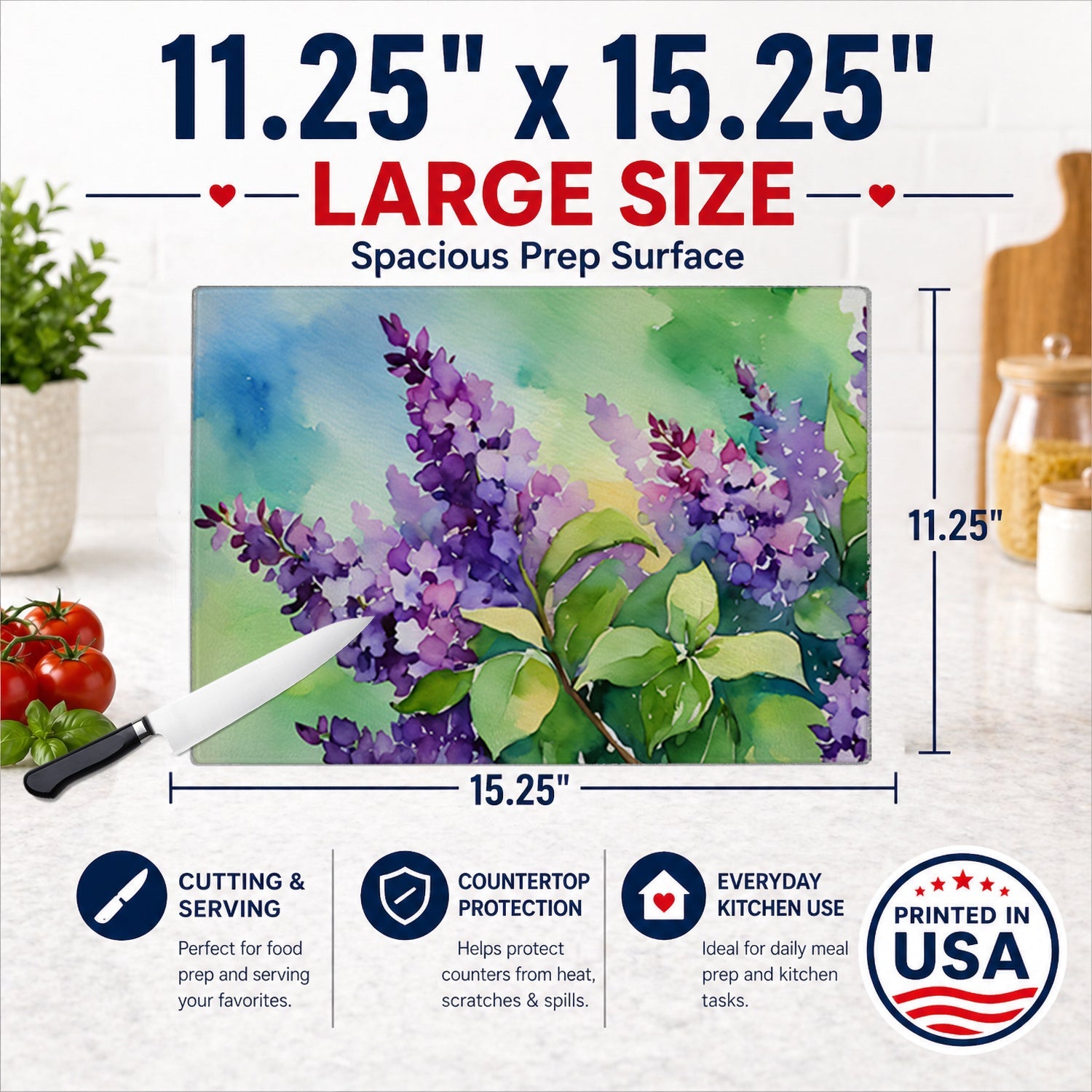 New Hampshire Purple Lilac in Watercolor Cutting Board Tempered Glass Kitchen Cutting Surface, Heat Resistant Chopping, Non-Slip Feet, Food Prep & Serving
