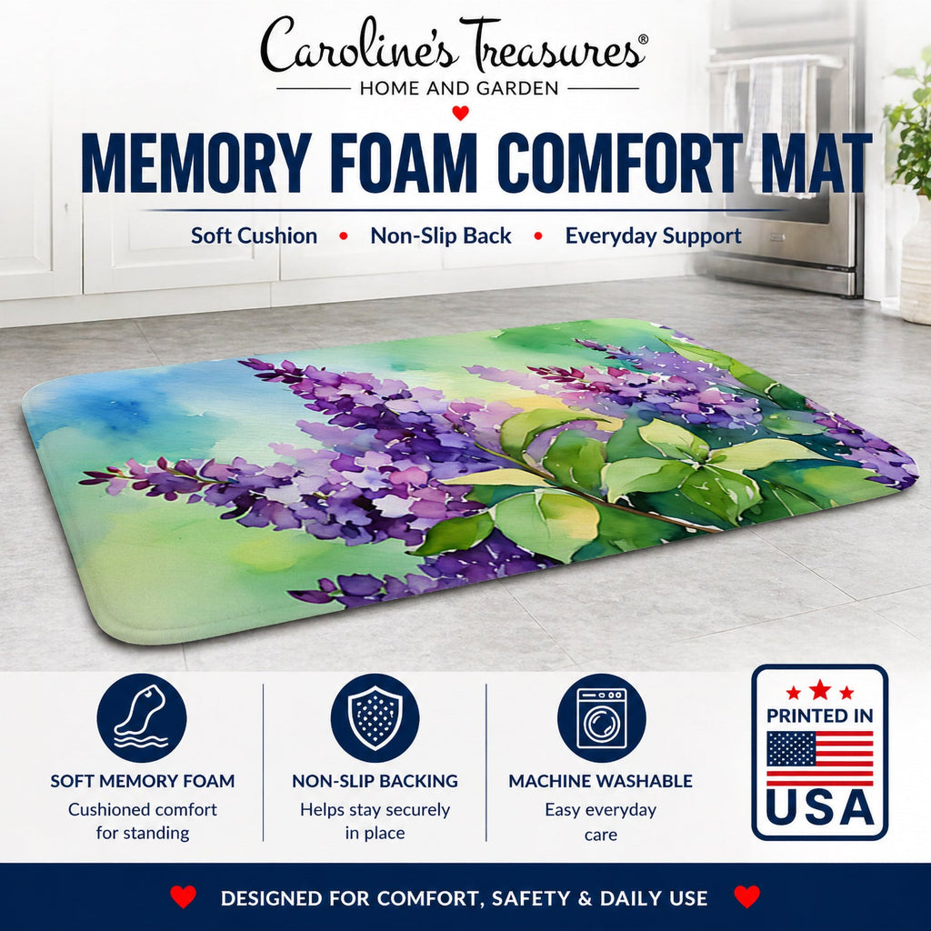 New Hampshire Purple Lilac in Watercolor Memory Foam Kitchen Mat Machine Washable Anti-Fatigue Cushion Comfort Bath or Kitchen Rug