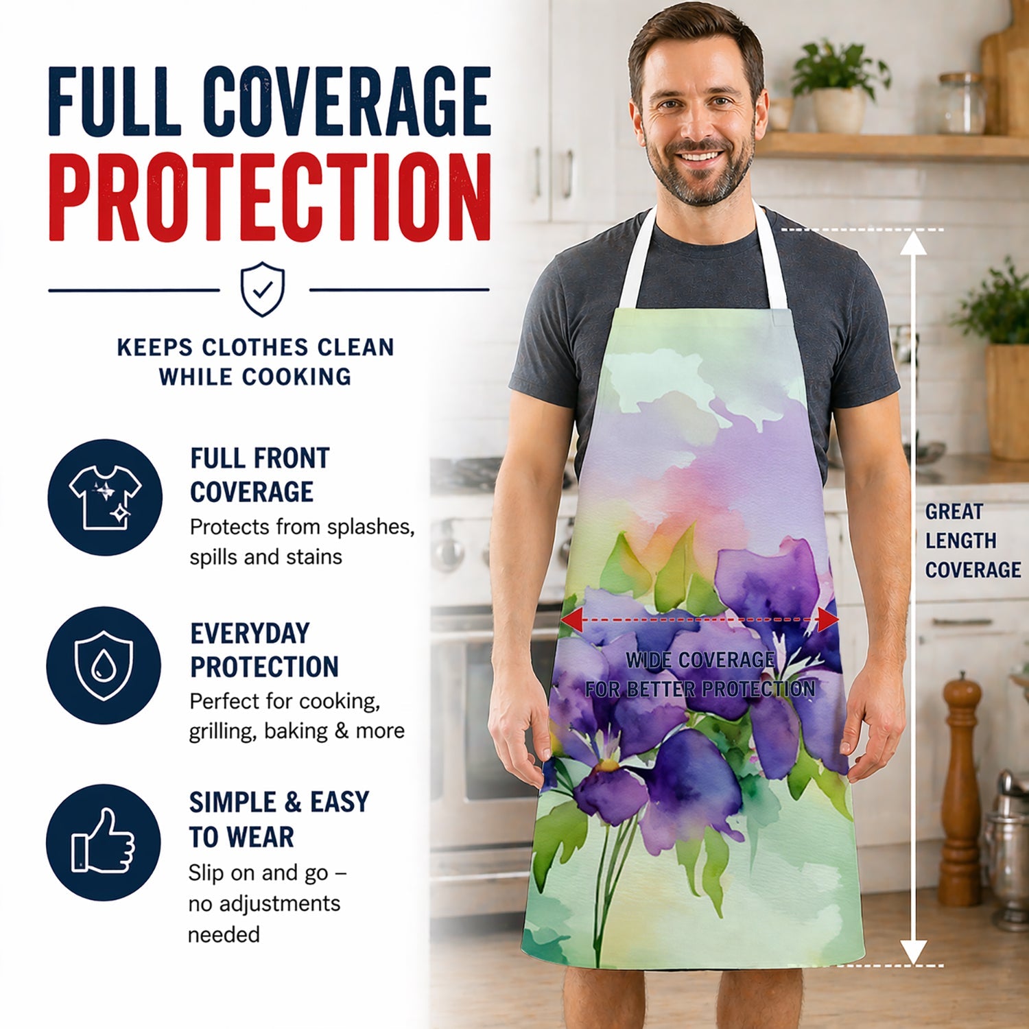 New Jersey Violet in Watercolor Apron Cooking Kitchen Server Baking Crafts Gardening for Adult Women Men, Unisex, Large, Multicolor