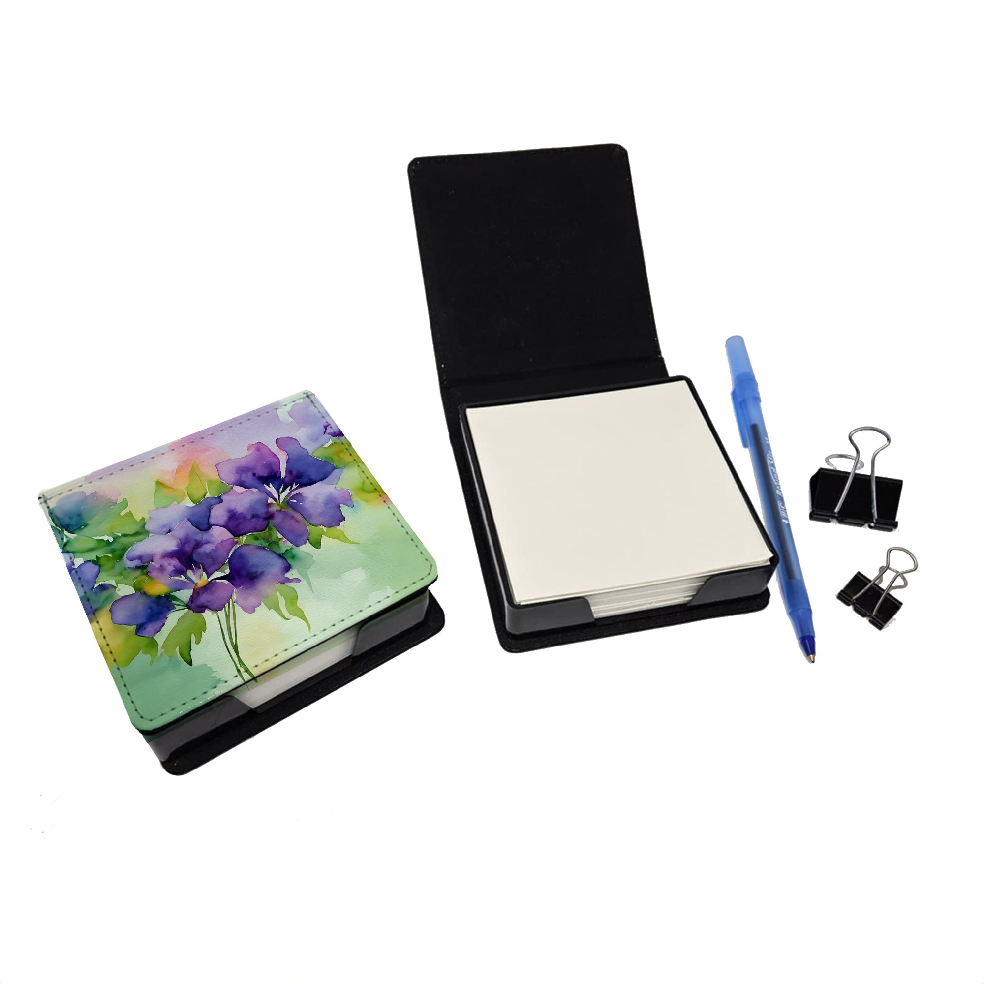 New Jersey Violet in Watercolor PU Leather Note Paper Holder with Artist-Designed Cover, Desk Accessory, Office Gift