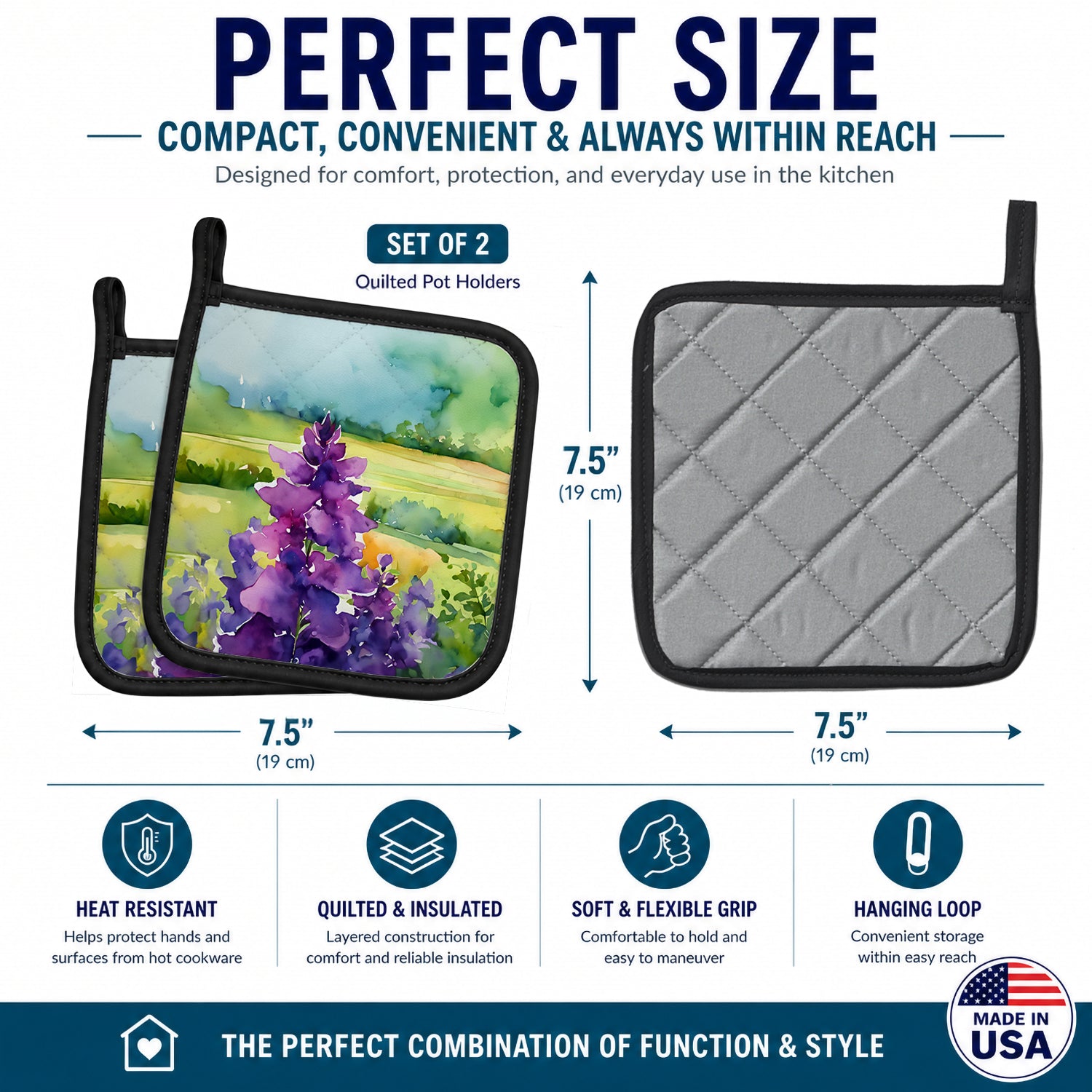 New Jersey Violet in Watercolor Pot Holder Set of 2 Heat Resistant Quilted Hot Pads 7.5 x 7.5 Inch, Insulated Kitchen Trivets for Cooking & Baking