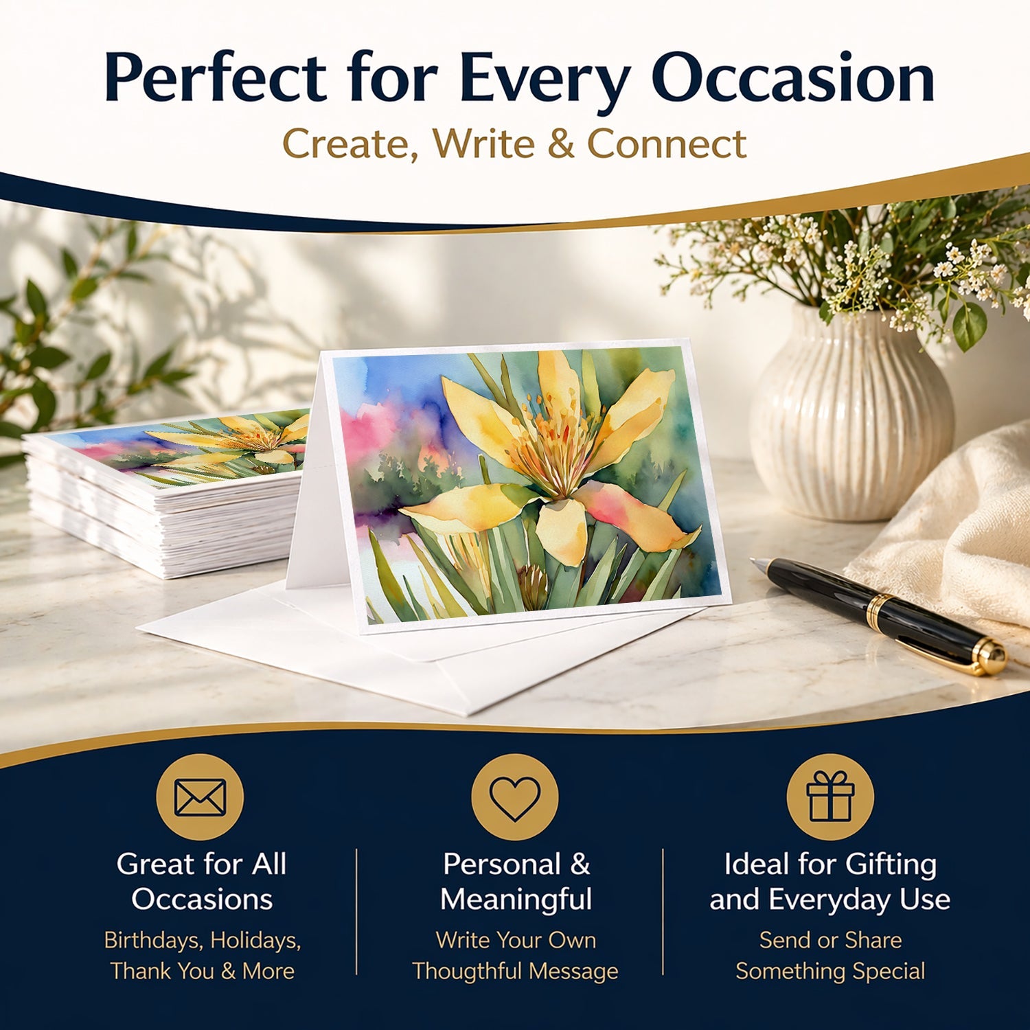 New Mexico Yucca Flower in Watercolor Greeting Cards Pack of 8 Blank Cards with Envelopes Whimsical A7 Size 5x7