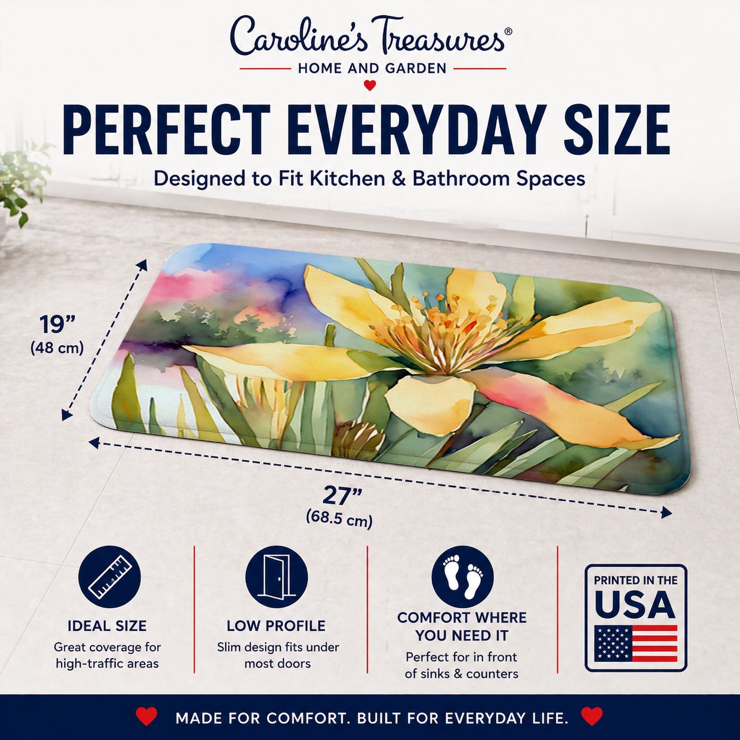 New Mexico Yucca Flower in Watercolor Memory Foam Kitchen Mat Machine Washable Anti-Fatigue Cushion Comfort Bath or Kitchen Rug