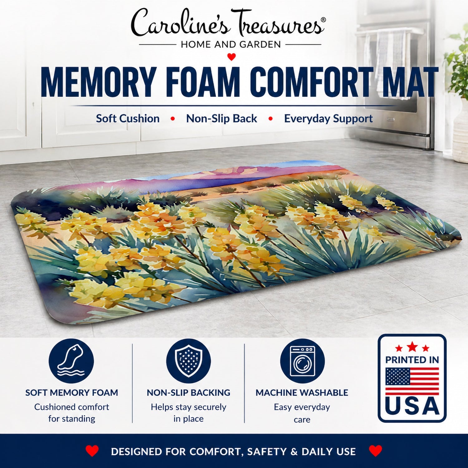 New Mexico Yucca Flower in Watercolor Memory Foam Kitchen Mat Machine Washable Anti-Fatigue Cushion Comfort Bath or Kitchen Rug