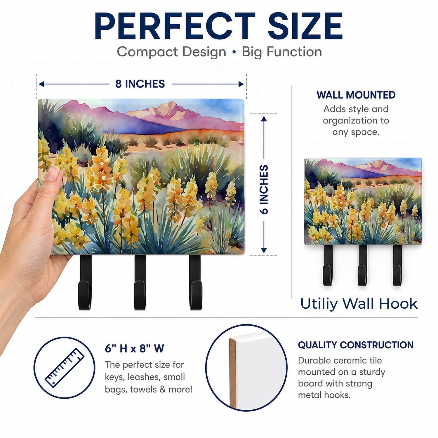 New Mexico Yucca Flower in Watercolor Leash or Key Holder Wall Hooks, Coat Rack Wall Mount, for Hanging Keys, Towels, Aprons, Leashes