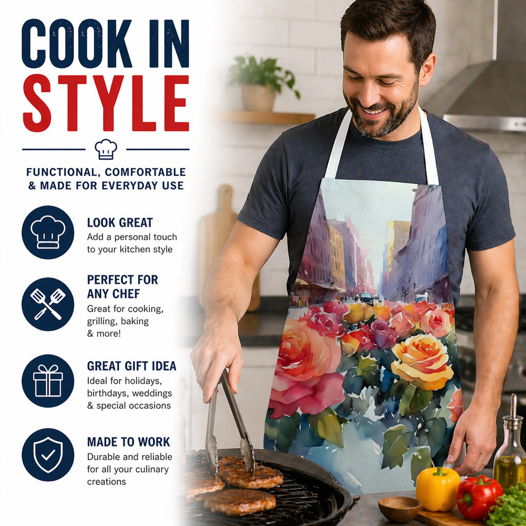 New York Roses in Watercolor Apron Cooking Kitchen Server Baking Crafts Gardening for Adult Women Men, Unisex, Large, Multicolor