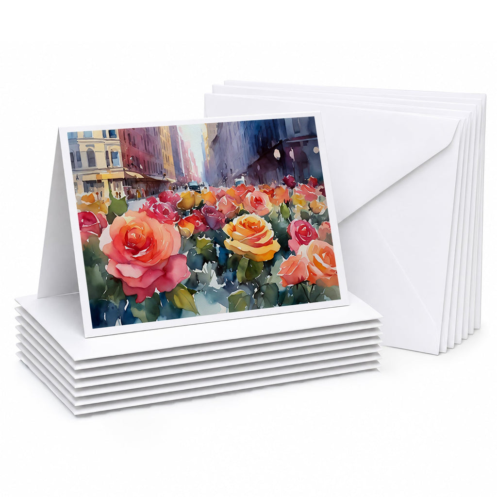 New York Roses in Watercolor Greeting Cards Pack of 8 Blank Cards with Envelopes Whimsical A7 Size 5x7
