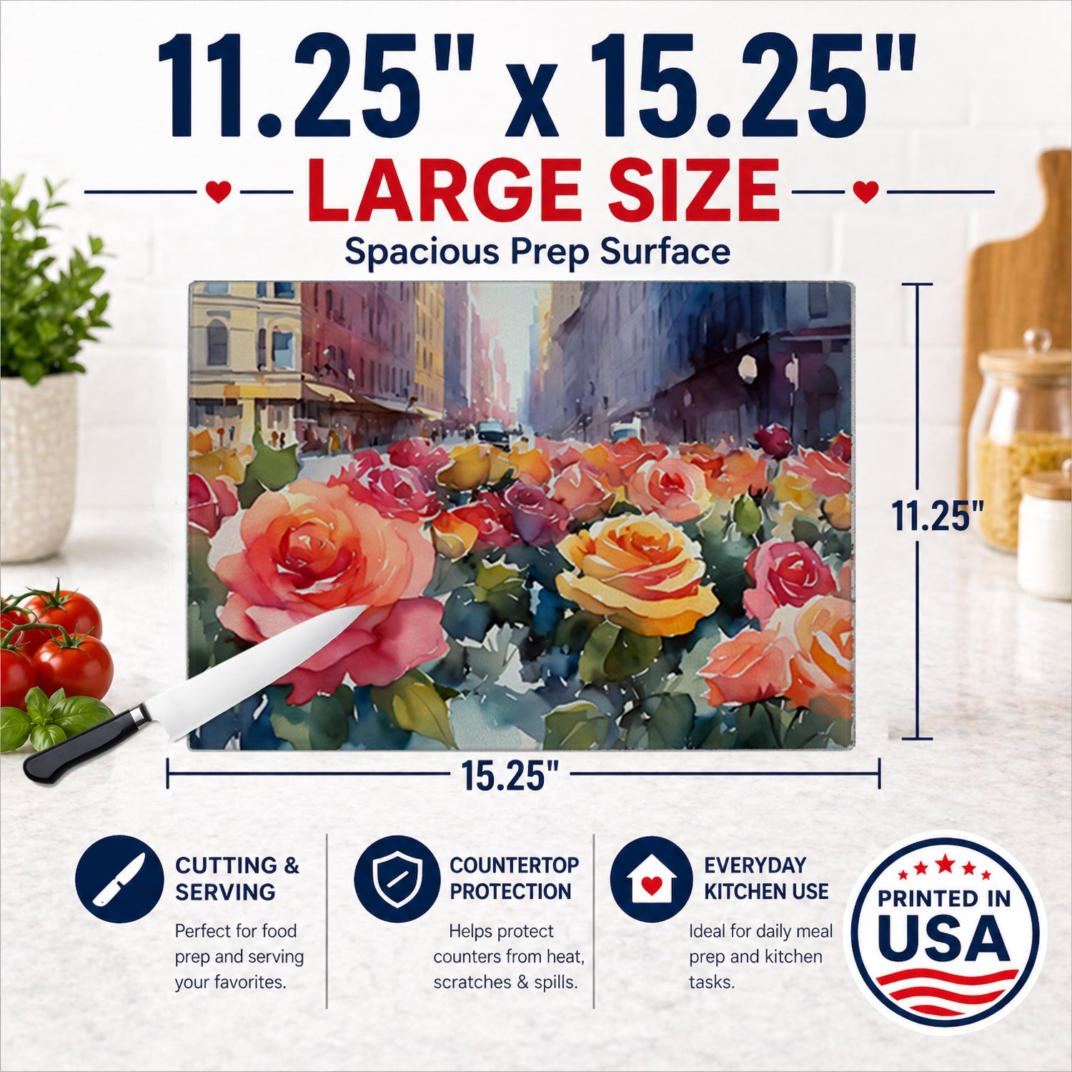 New York Roses in Watercolor Cutting Board Tempered Glass Kitchen Cutting Surface, Heat Resistant Chopping, Non-Slip Feet, Food Prep & Serving