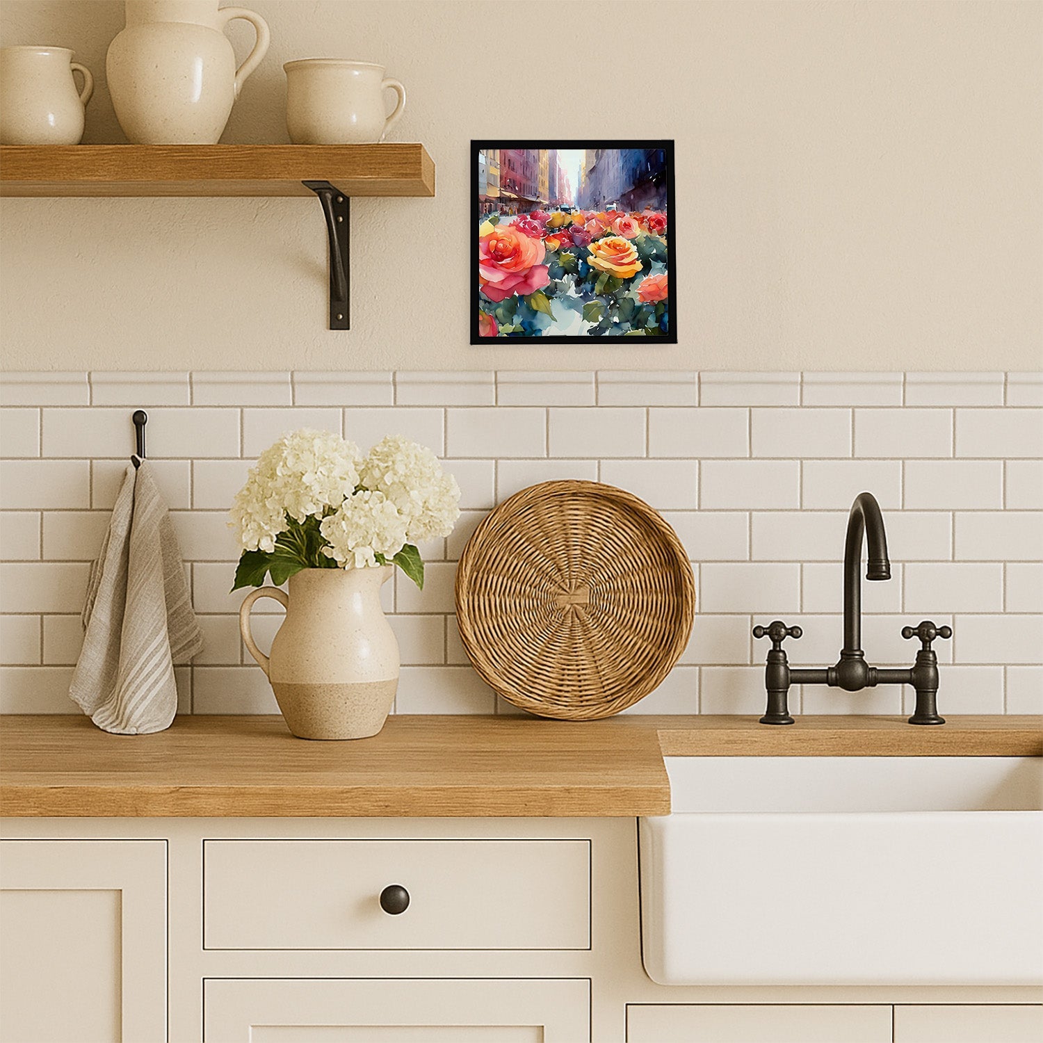 New York Roses in Watercolor Framed Metal Print Bathroom, Kitchen, Office, Home Decor Wall Art Ready to Hang, Square, 8X8