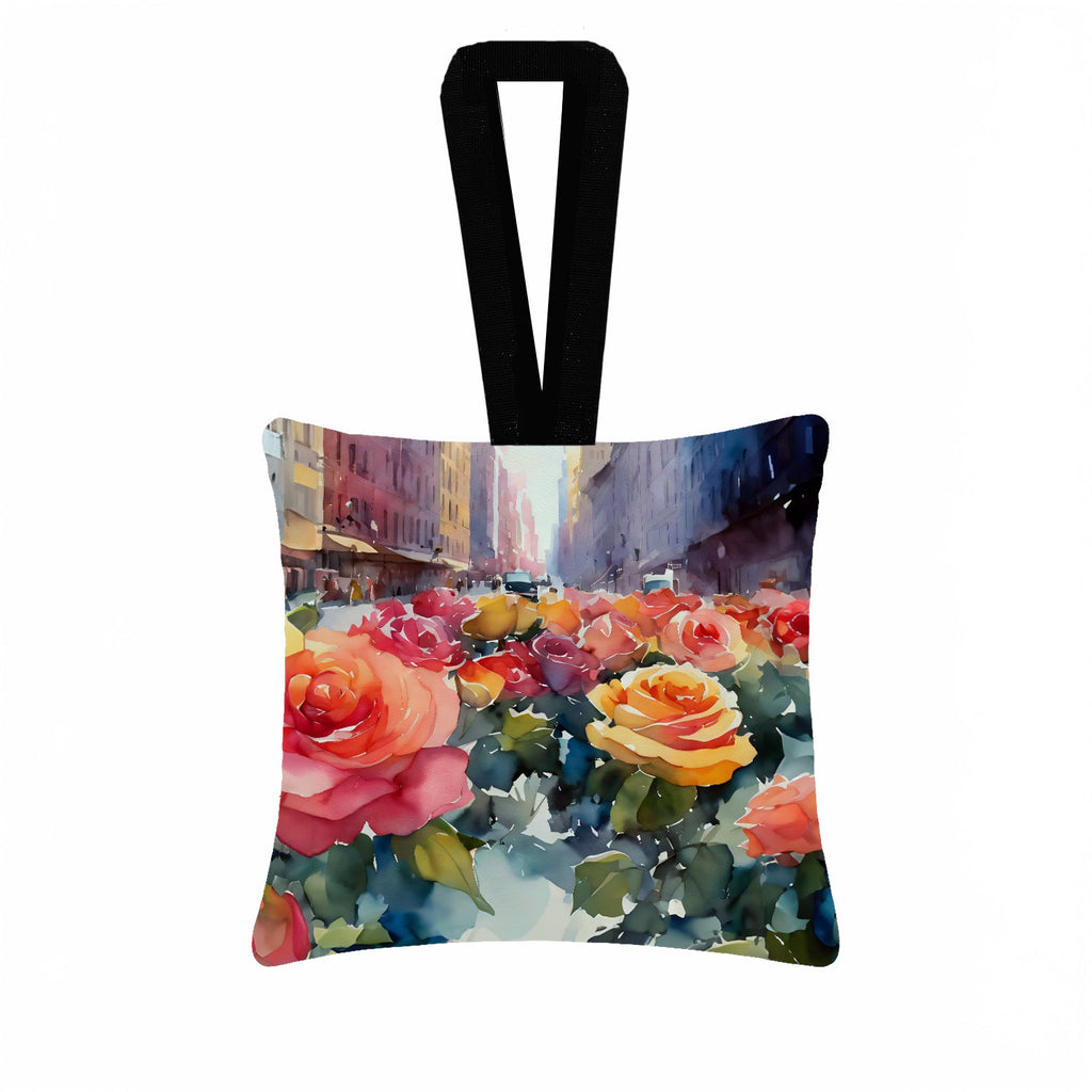 New York Roses in Watercolor Hanging Square Fabric Ornament 3.5 × 3.5 Decorative Door-Knob & Tree Hanger, Soft Fabric
