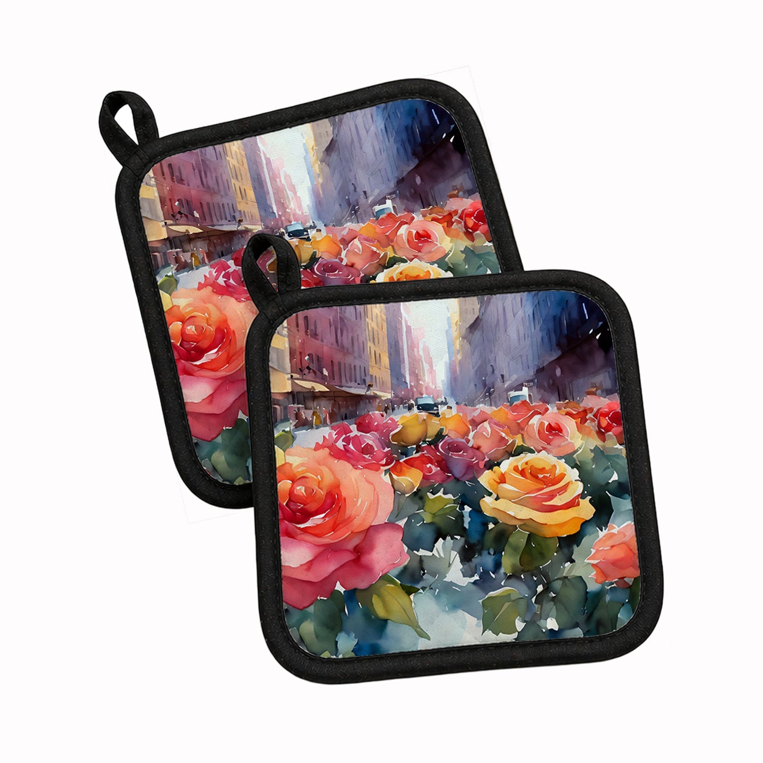 New York Roses in Watercolor Pot Holder Set of 2 Heat Resistant Quilted Hot Pads 7.5 x 7.5 Inch, Insulated Kitchen Trivets for Cooking & Baking
