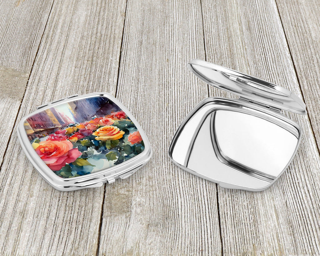 New York Roses in Watercolor Compact Mirror Decorative Travel Makeup Mirror for Women Girls Gifts Pocket Makeup Mirror Folding Handheld