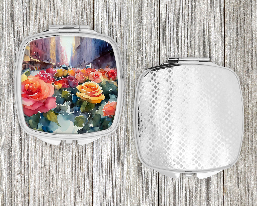 New York Roses in Watercolor Compact Mirror Decorative Travel Makeup Mirror for Women Girls Gifts Pocket Makeup Mirror Folding Handheld