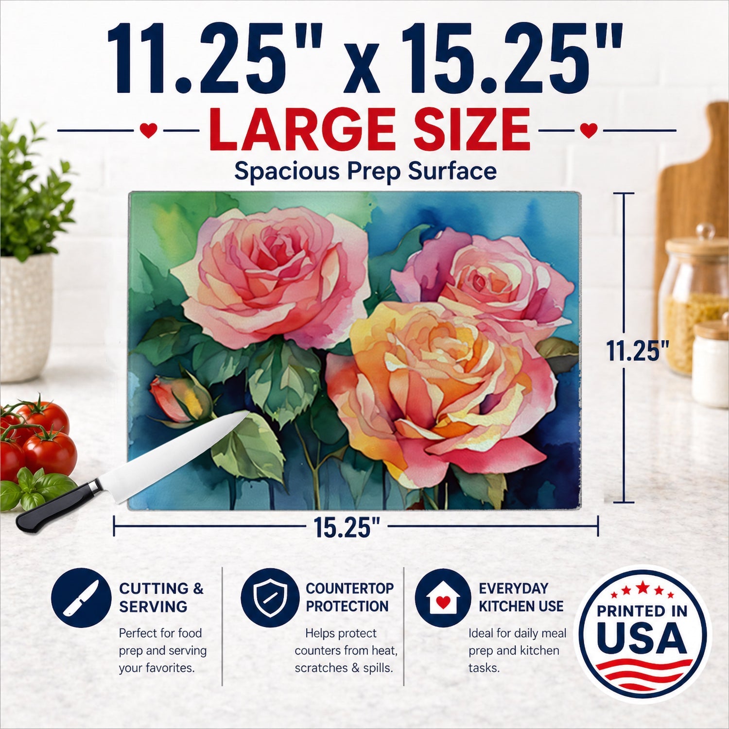 New York Roses in Watercolor Cutting Board Tempered Glass Kitchen Cutting Surface, Heat Resistant Chopping, Non-Slip Feet, Food Prep & Serving