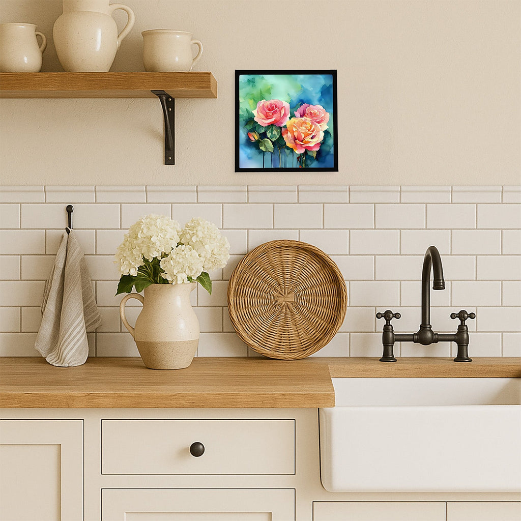 New York Roses in Watercolor Framed Metal Print Bathroom, Kitchen, Office, Home Decor Wall Art Ready to Hang, Square, 8X8
