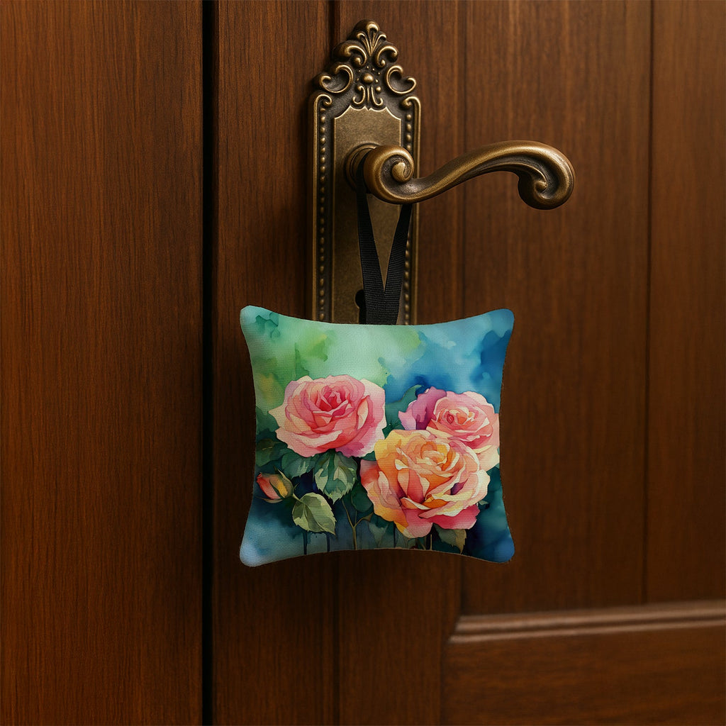 New York Roses in Watercolor Hanging Square Fabric Ornament 3.5 × 3.5 Decorative Door-Knob & Tree Hanger, Soft Fabric