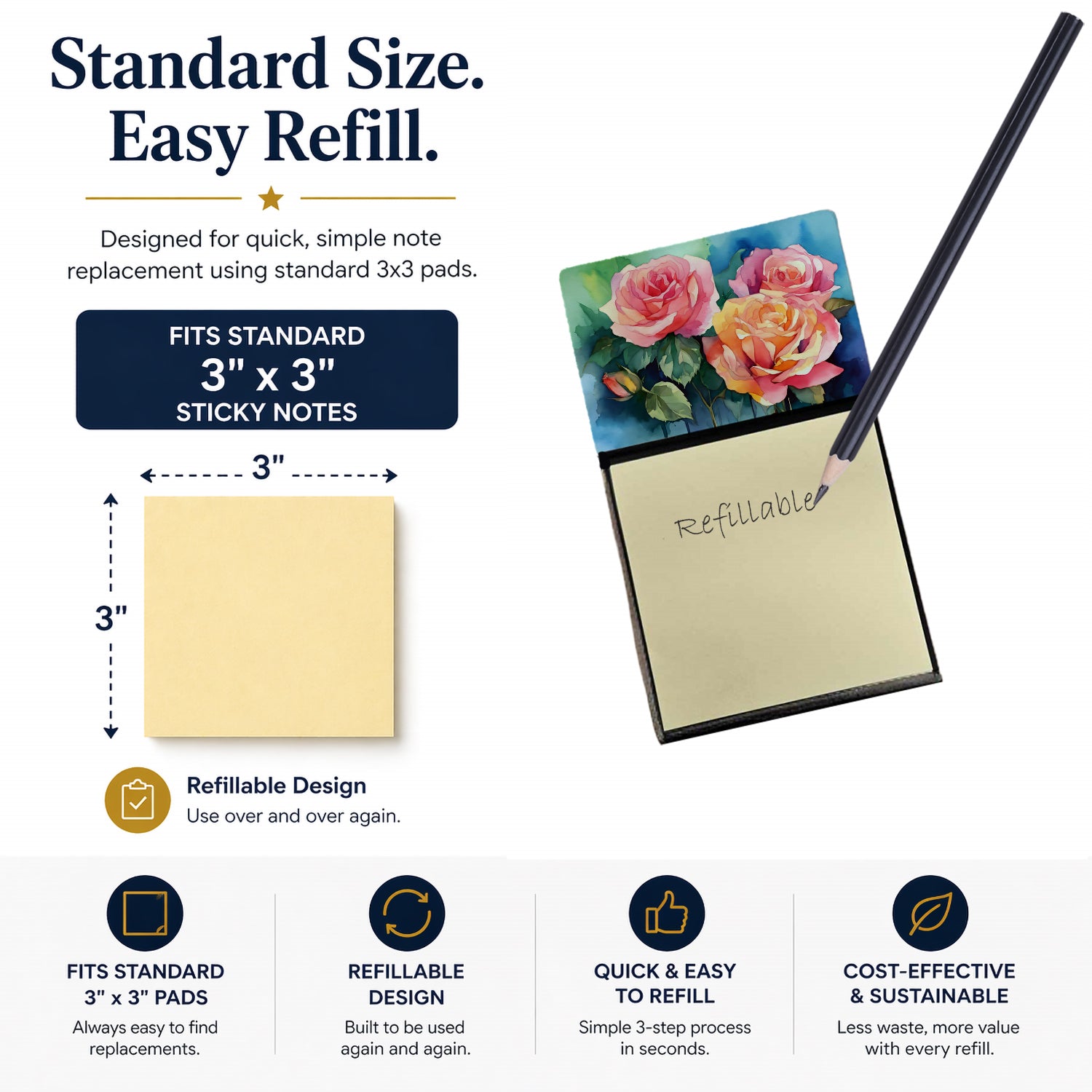 New York Roses in Watercolor Watercolor Sticky Note Holder Refillable Dispenser Desk Accessory 3x3 Pad Gift