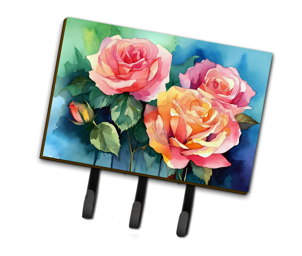 New York Roses in Watercolor Leash or Key Holder Wall Hooks, Coat Rack Wall Mount, for Hanging Keys, Towels, Aprons, Leashes