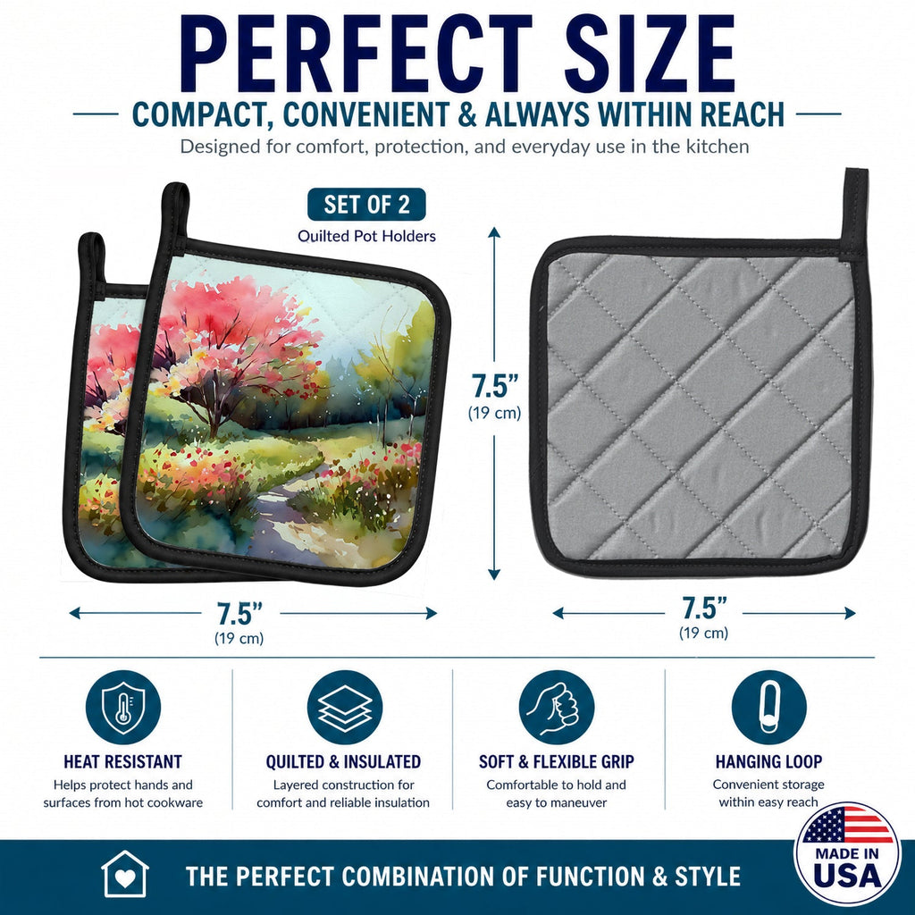 North Carolina Dogwoods in Watercolor Pot Holder Set of 2 Heat Resistant Quilted Hot Pads 7.5 x 7.5 Inch, Insulated Kitchen Trivets for Cooking & Baking