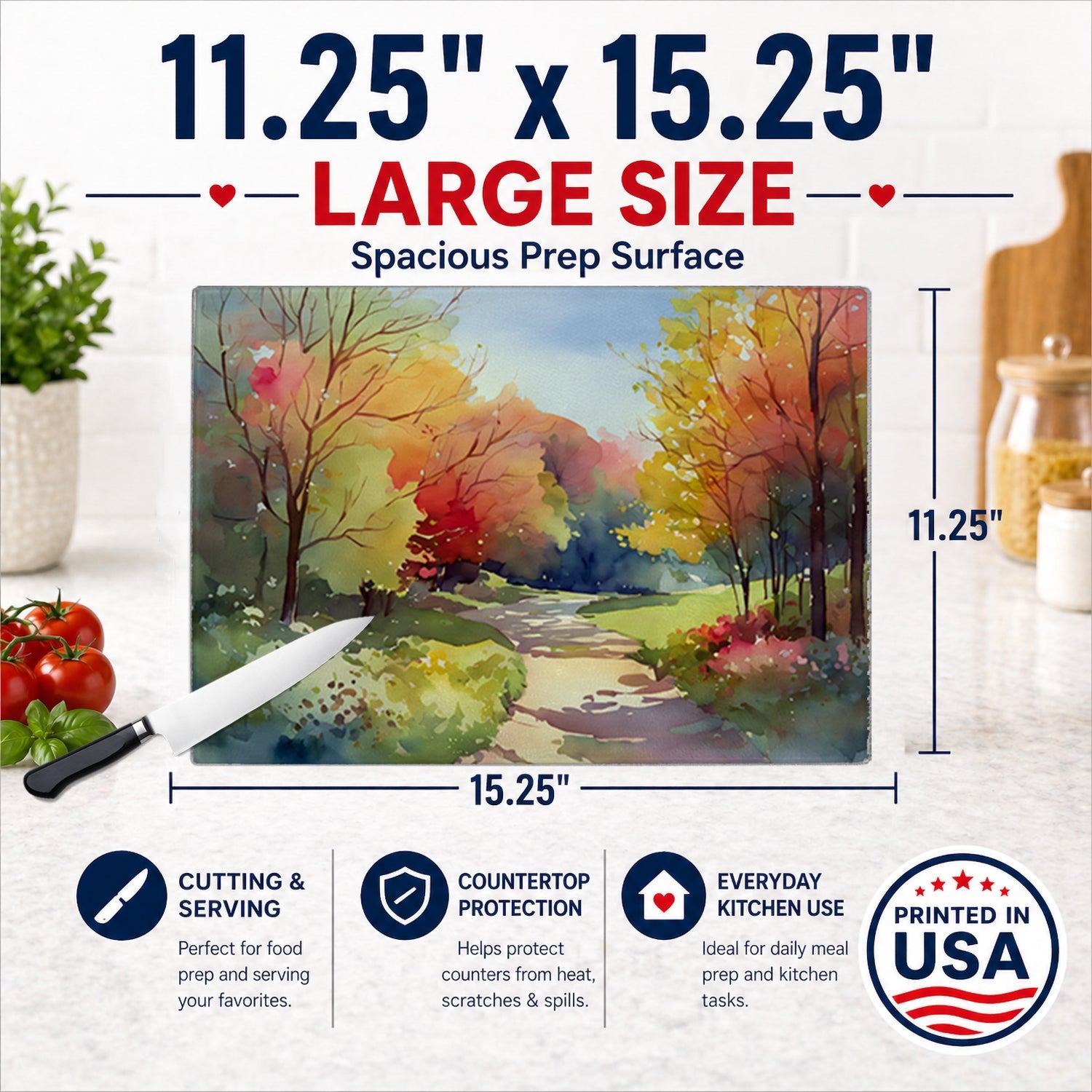 North Carolina Dogwoods in Watercolor Cutting Board Tempered Glass Kitchen Cutting Surface, Heat Resistant Chopping, Non-Slip Feet, Food Prep & Serving