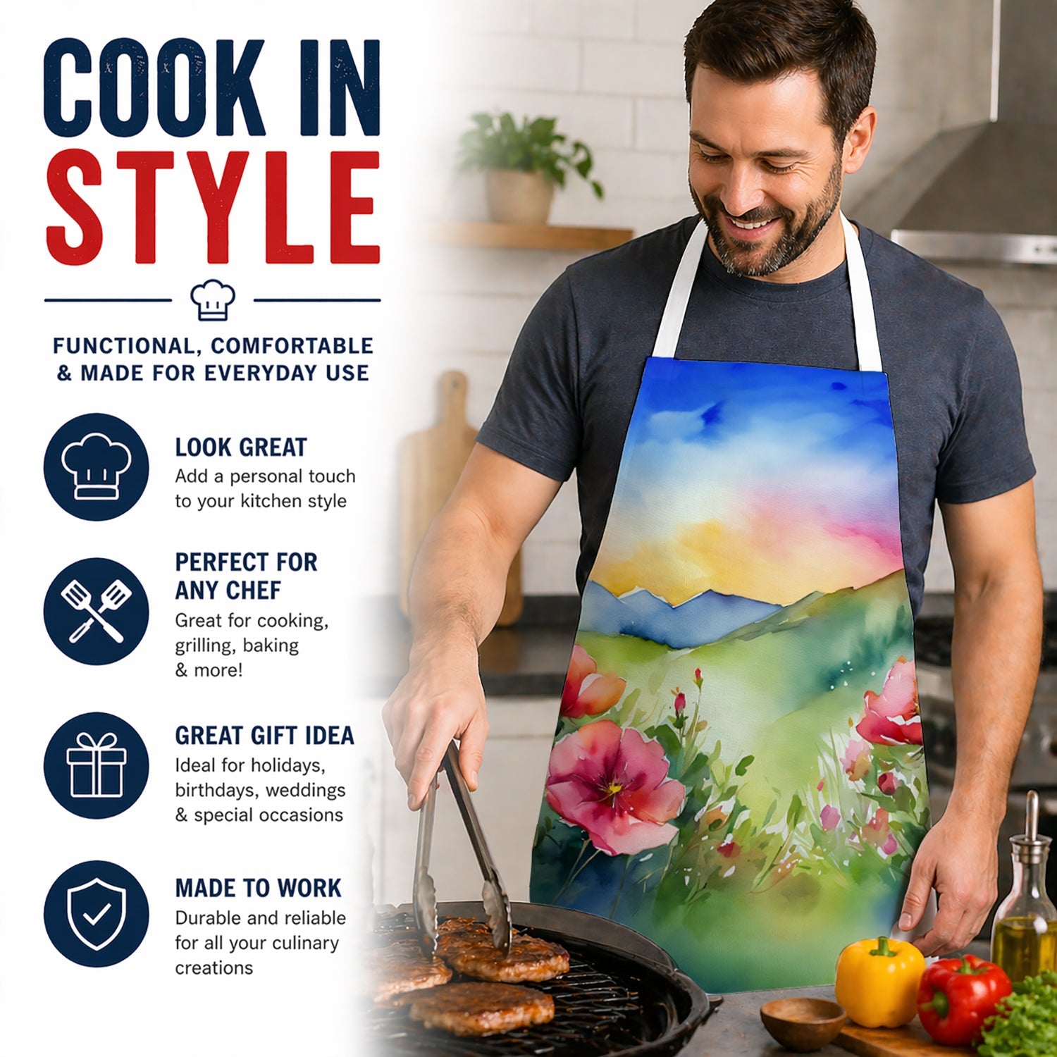 North Dakota Wild Prairie Roses in Watercolor Apron Cooking Kitchen Server Baking Crafts Gardening for Adult Women Men, Unisex, Large, Multicolor