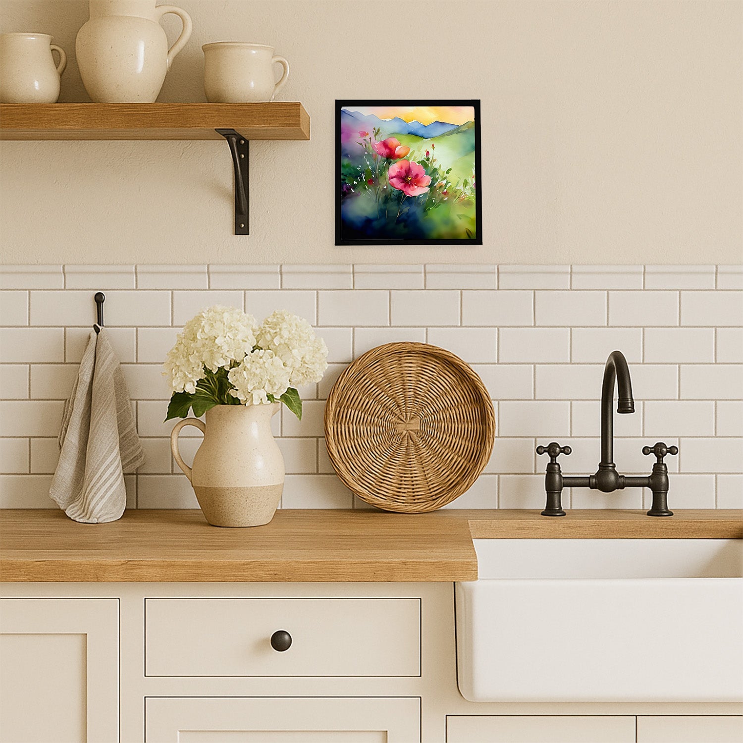 North Dakota Wild Prairie Roses in Watercolor Framed Metal Print Bathroom, Kitchen, Office, Home Decor Wall Art Ready to Hang, Square, 8X8